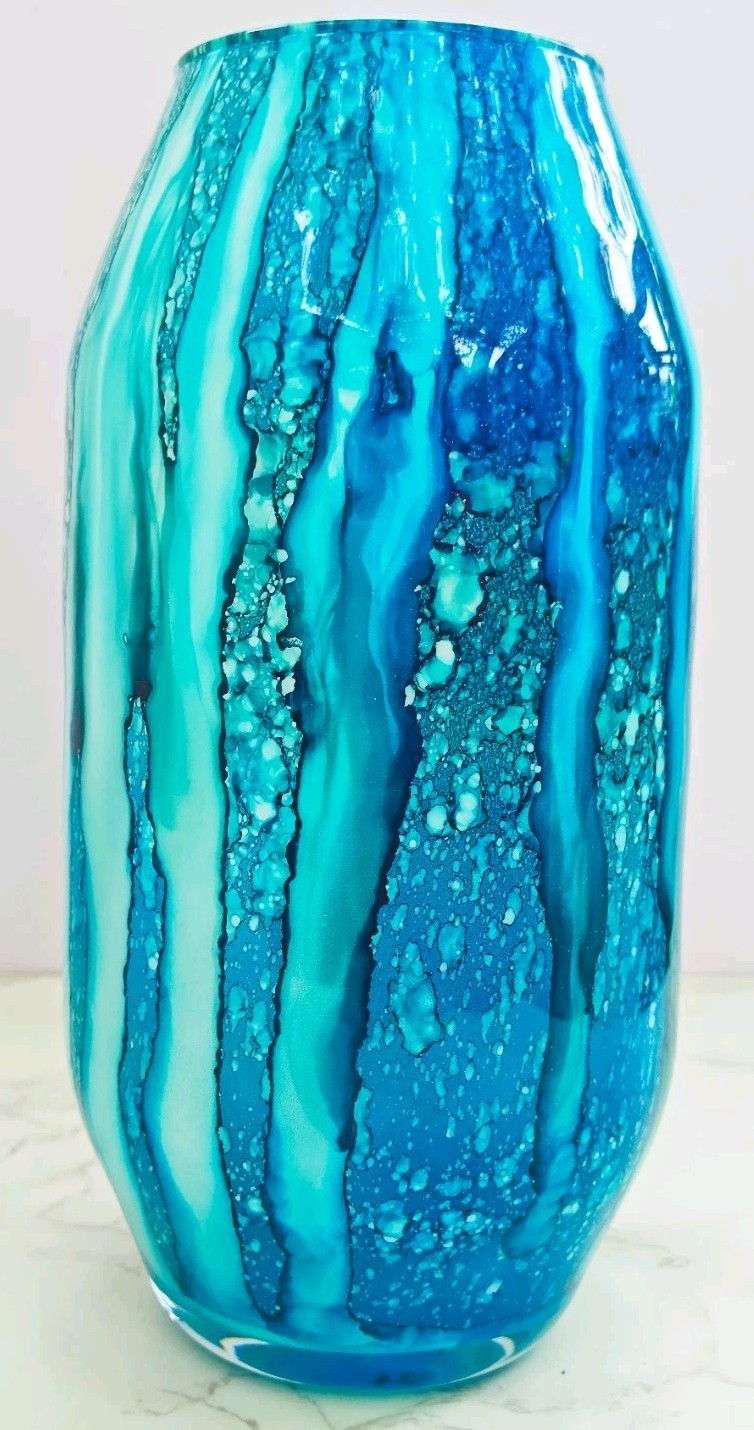 Murano Style Franco italy Hand Blown Art Glass Vase Blue White Streak Design 10”