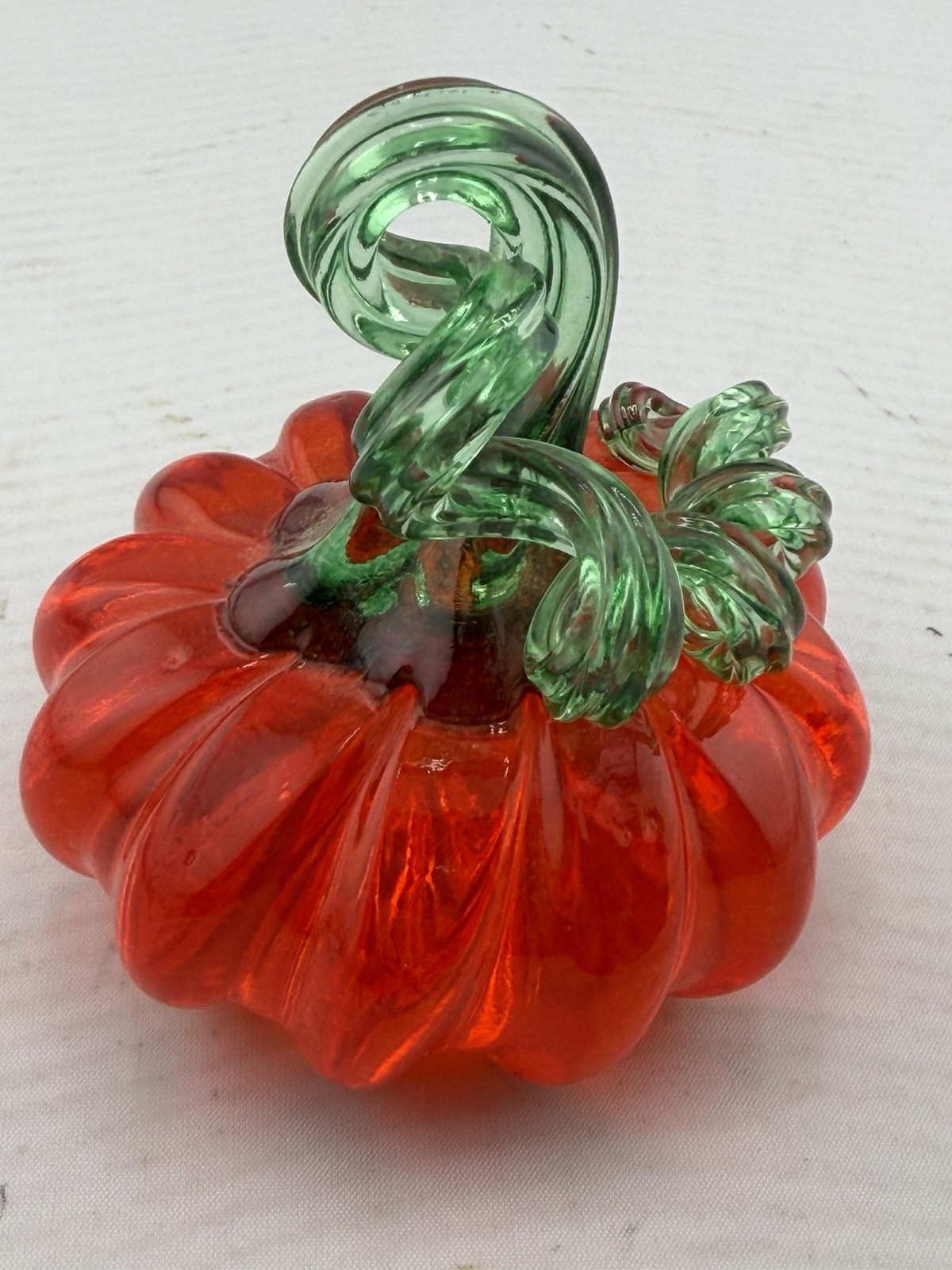 Art Glass Orange Pumpkin With Green Stem.2 3/4 Wide. Approximately 3 Inches Tall