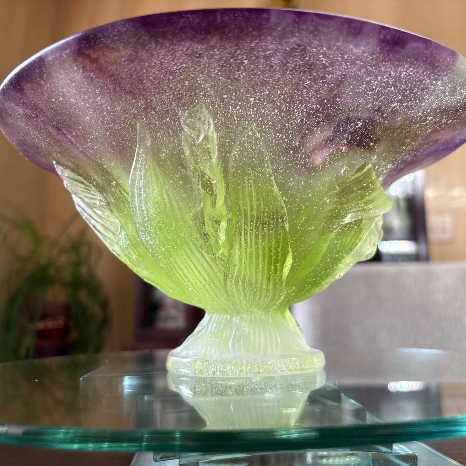 DAUM FRANCE PATE DE VERRE LARGE IRIS CETERPIECE BOWL SIGNED 8 3/4”-MINT