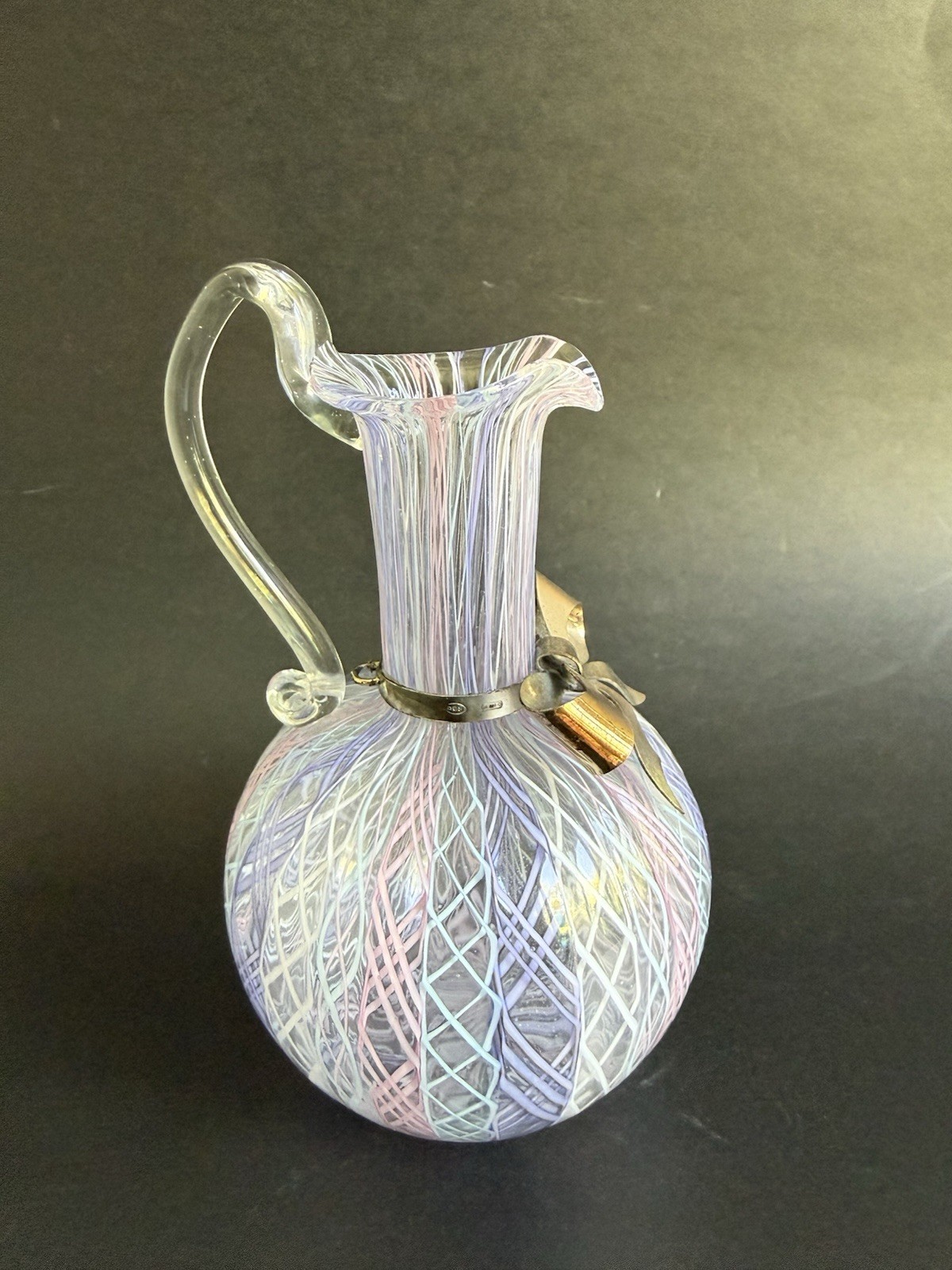 Vtg Murano Latticino Lace Ribbon Art Glass Pitcher w/ 800 Continental Silver Bow