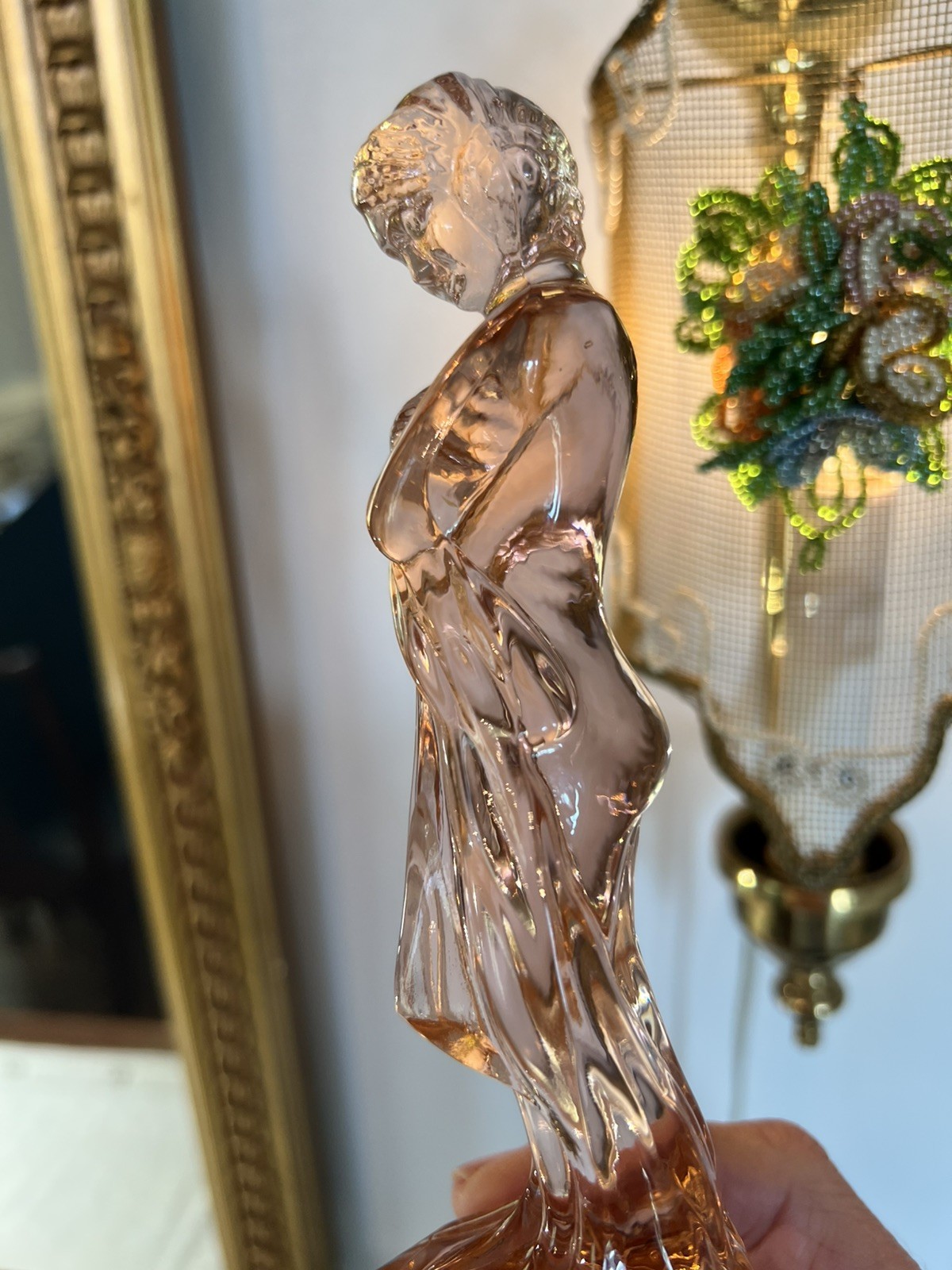 VTG Cambridge 9” Pink Glass “Draped Lady” Flower Frog & Rolled edge console bowl