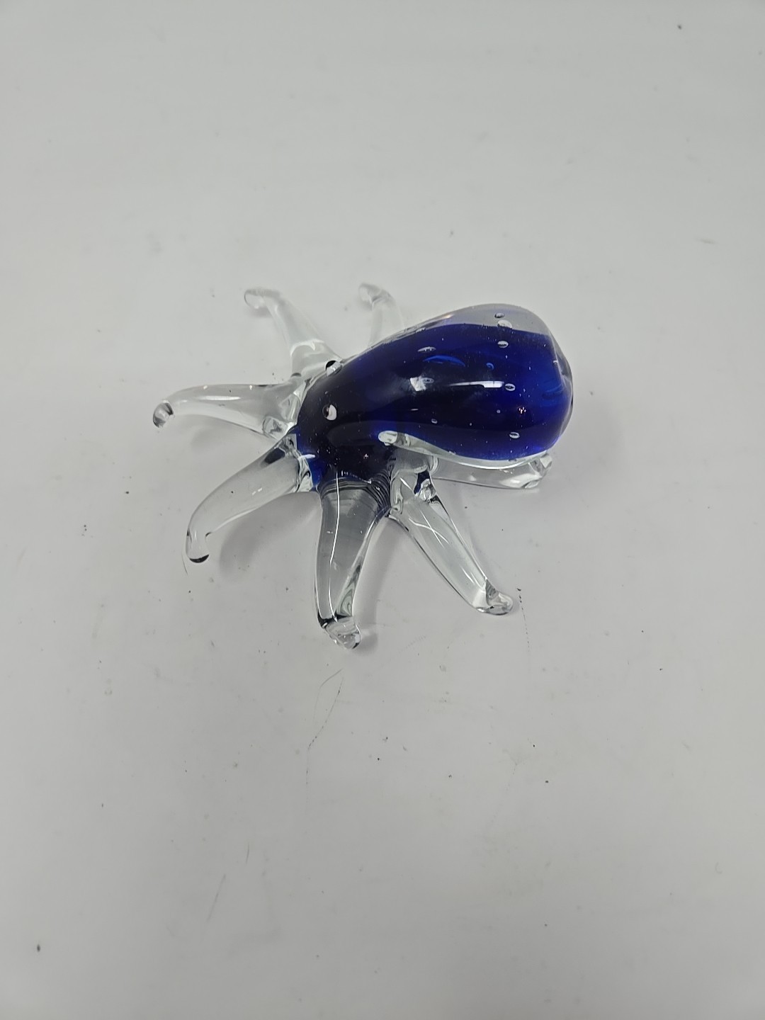 Hand Blown 8-Legged Blue Art Glass Octopus Sommerso Style With Bubbles 4″