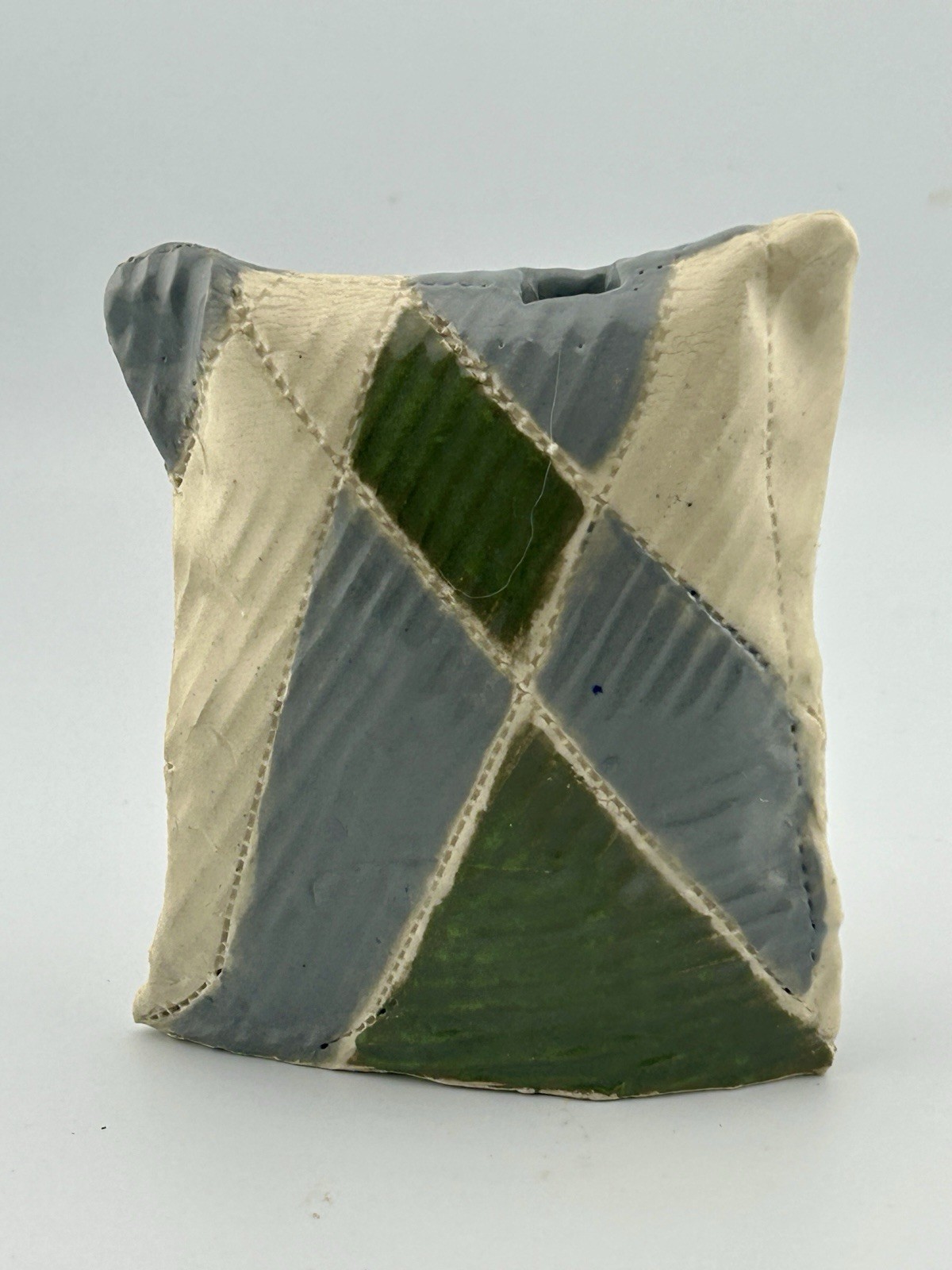 Studio Pottery Ceramic Bud Vase Weed Pot Goemetric Patchwork Signed by Artist