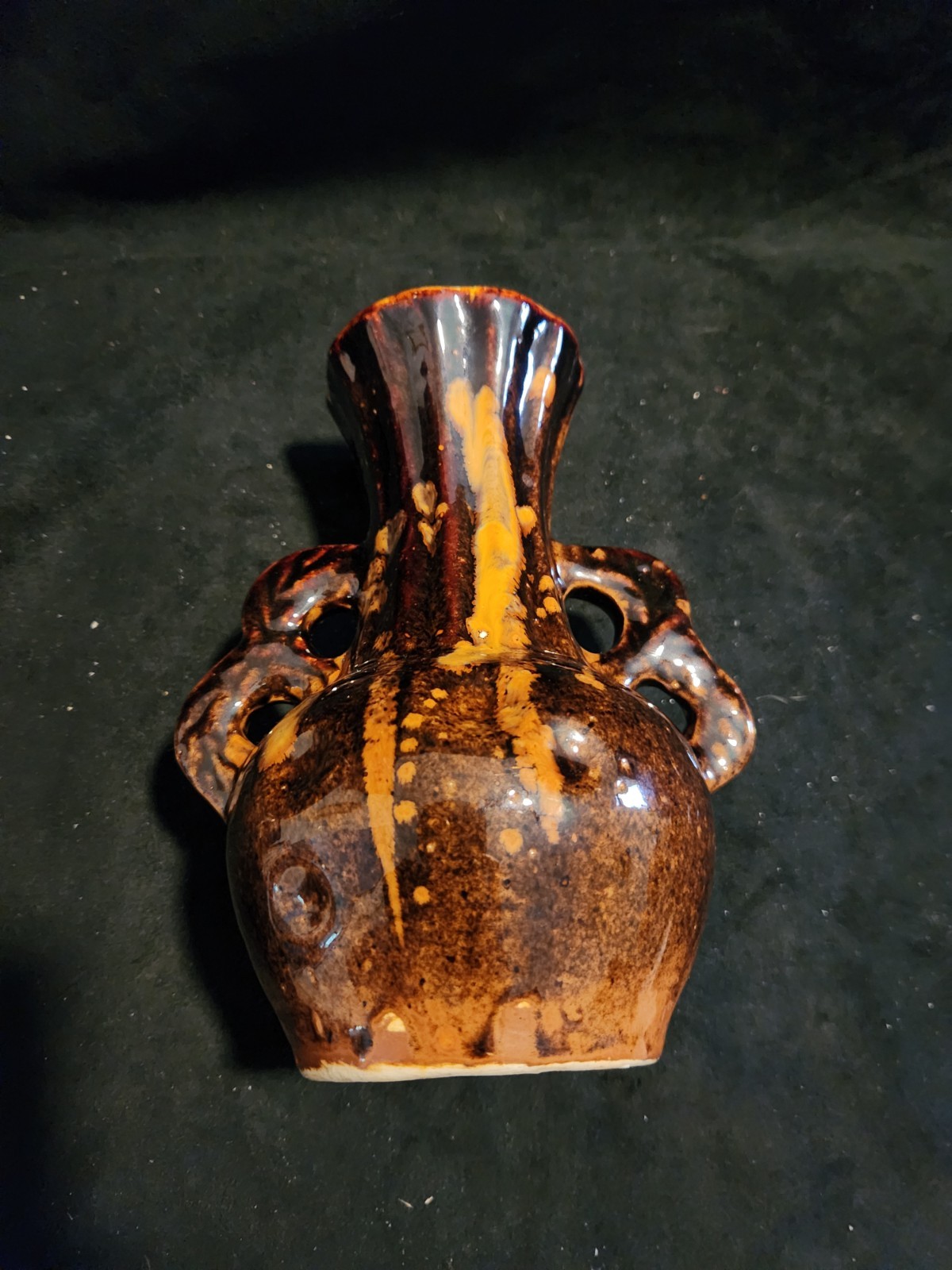Vintage Sung Style Oil Spot Glazed 2 Handle Pottery Vase Chinese Handmade 8″