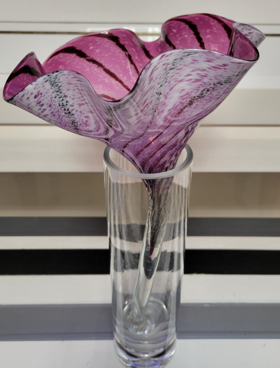 MURANO ART GLASS ORCHID FLOWER ON A CLEAR KROSNO WEIGHTED BOTTOM CYLINDER VASE