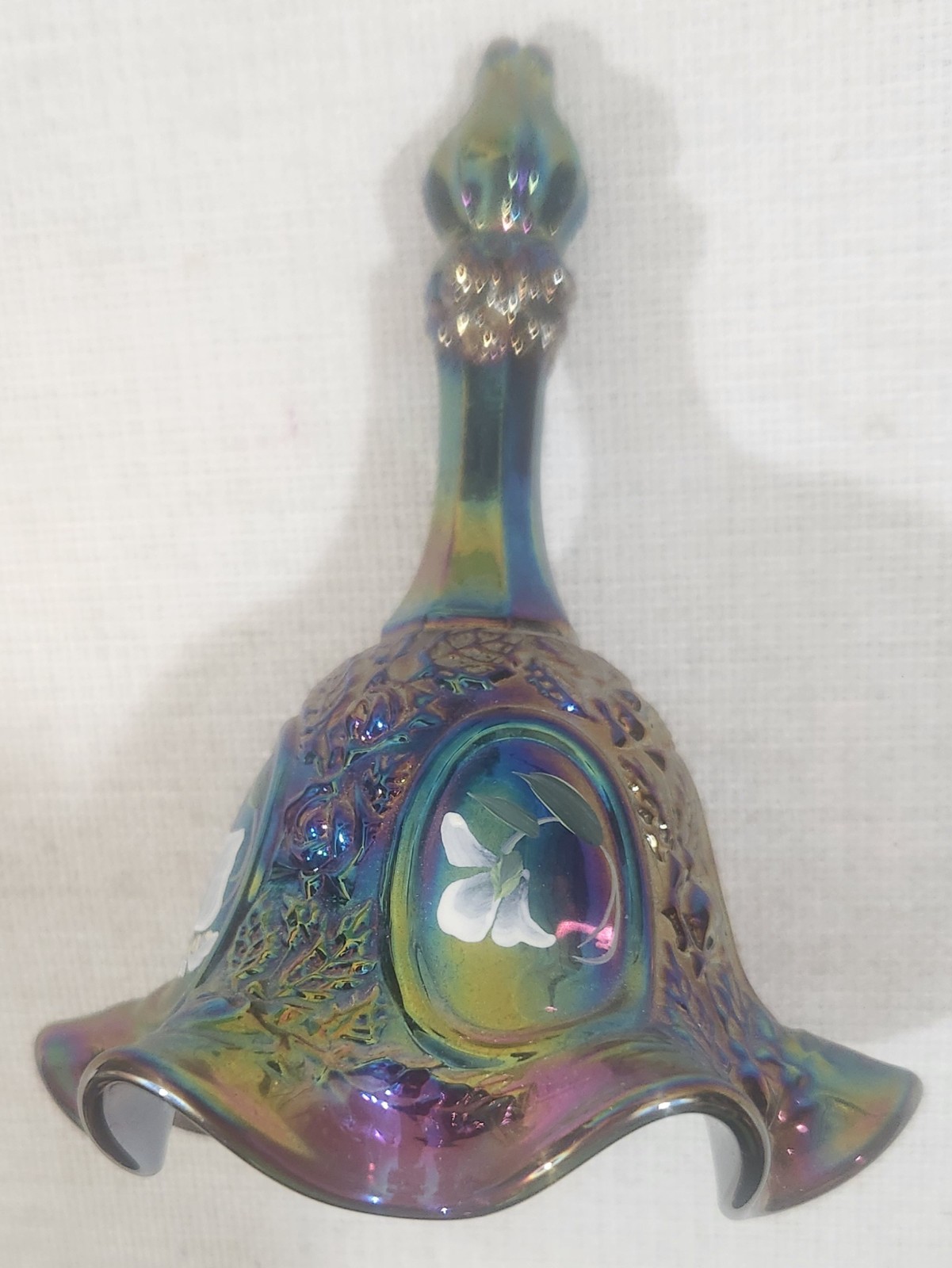 Fenton Violet Carnival Glass Bell with Hand-Painted Panels Signed