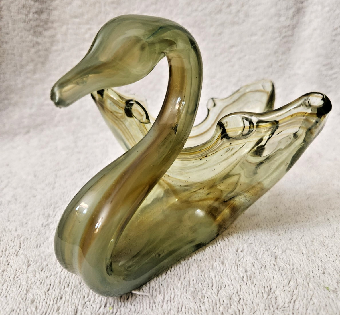 Vintage Handblown Gold-White-Clear Swirled Glass Swan Trinket Dish 8.” Long