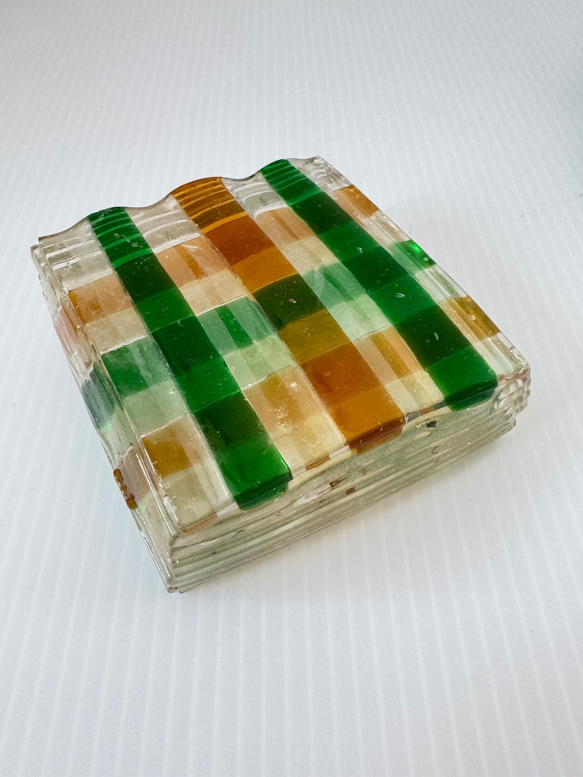 Hand Made Fused Glass Green & Orange Plaid Paperweight 10 Layers Thick 3″x1″