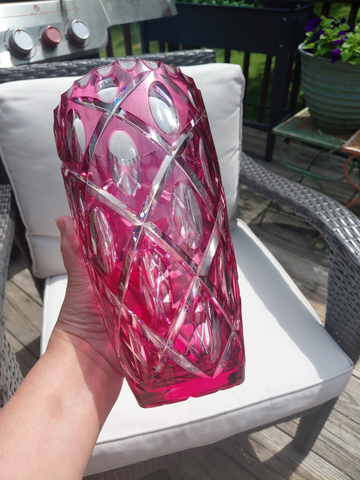 Stunning Large Crystal Cranberry Cut To Clear 10″ X 6″ Vase