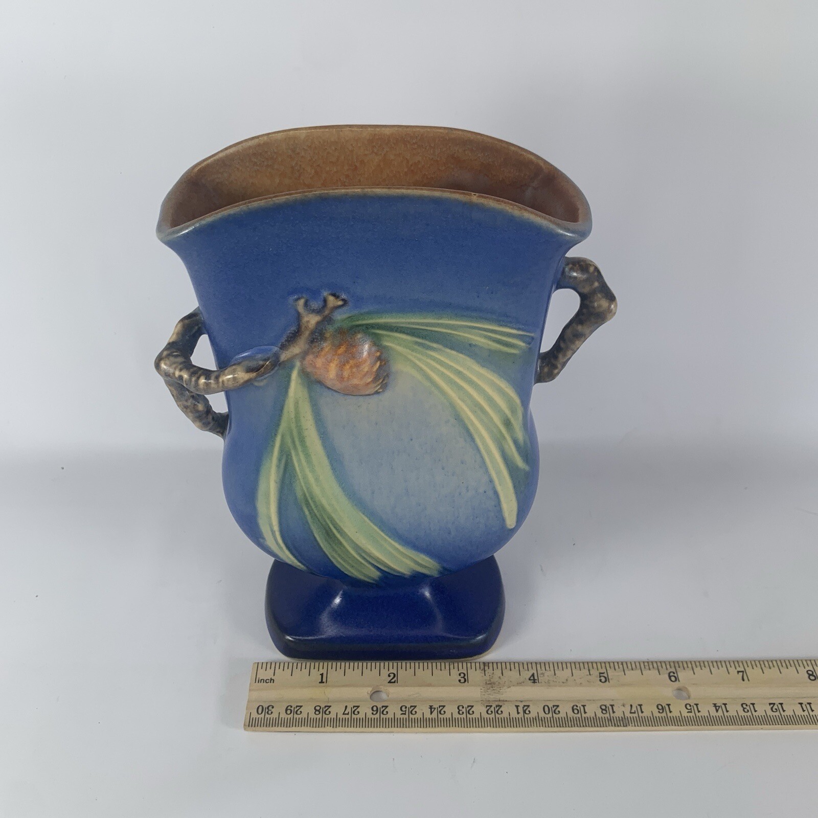 Roseville Pottery Fan Vase Blue Pinecone #121-7 Vintage