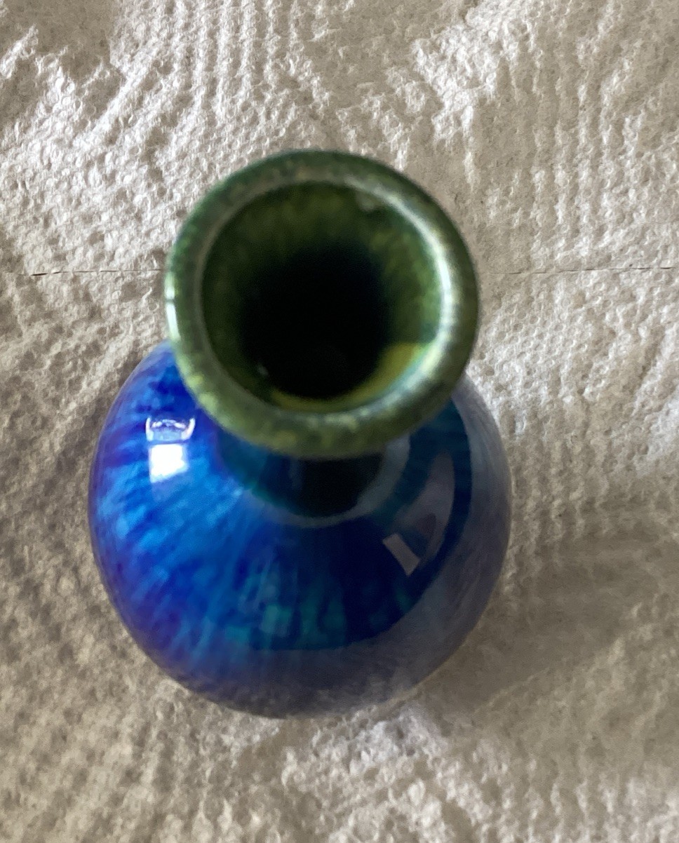 1970s mid-century Norleans drip glaze blue purple green art pottery Japan 4 /2”
