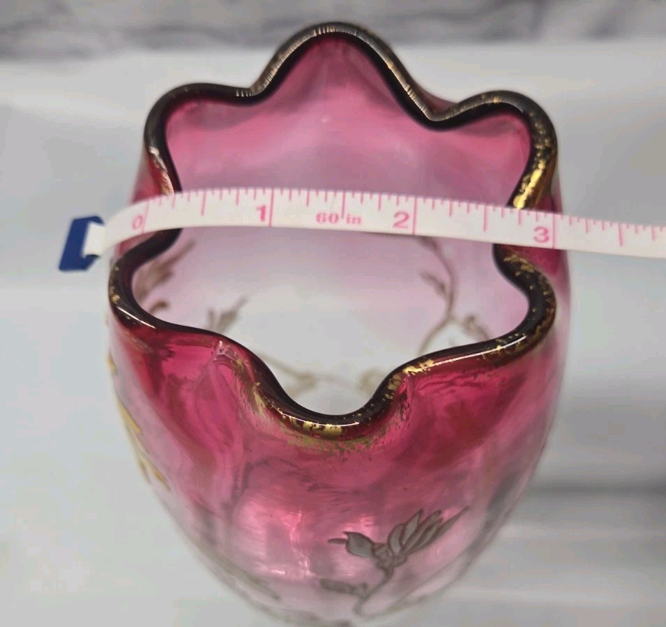 ANTIQUE LEGRAS ENAMELED MT JOYE ST. DENIS CHRYSANTHEMUM DECOR RUBINA GLASS VASE