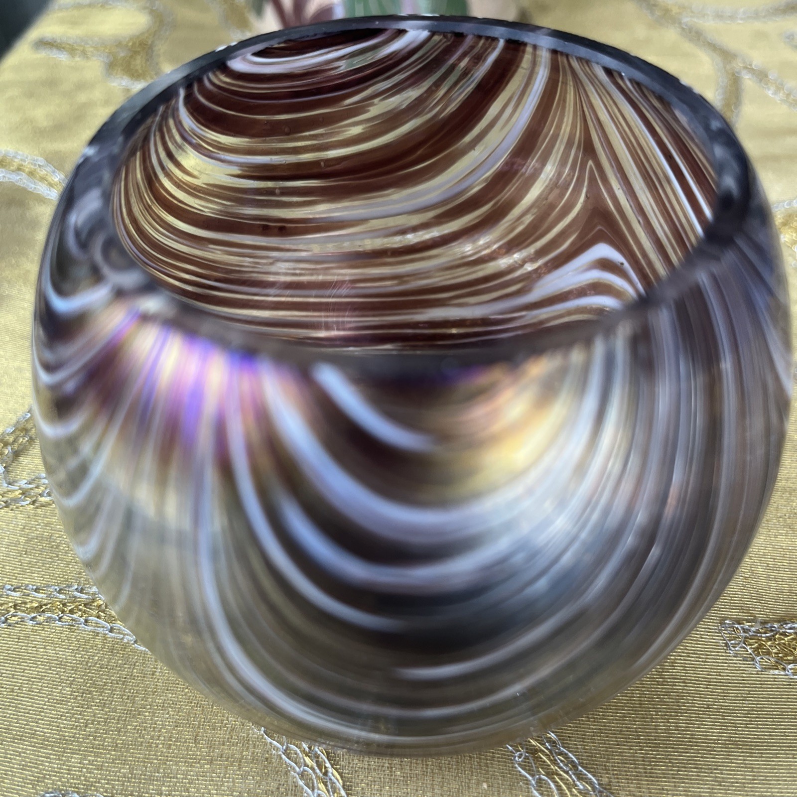Mouth Blown Glass Iridescent 4” Round Vase Swirls purples blues golds rose bowl