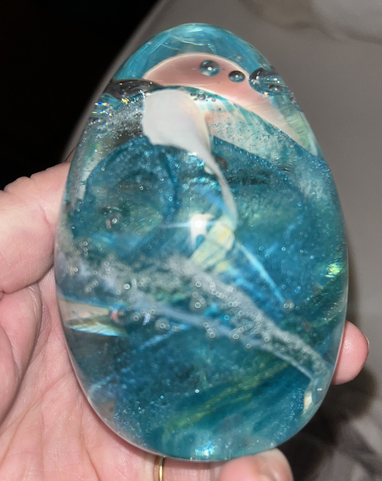 Vtg Signed Hand Blown Art Glass Blue White Swirl Egg Paperweight 3.50”