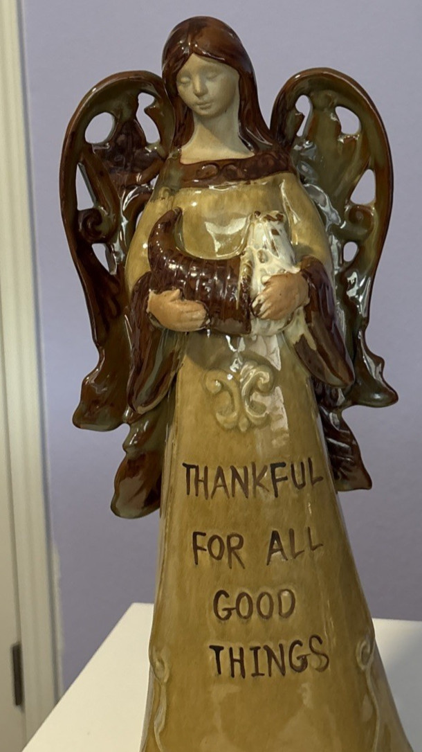 Glazed Art Pottery Angel Pierced Wing Figurine 15.75” Thanks Message Earth Tones
