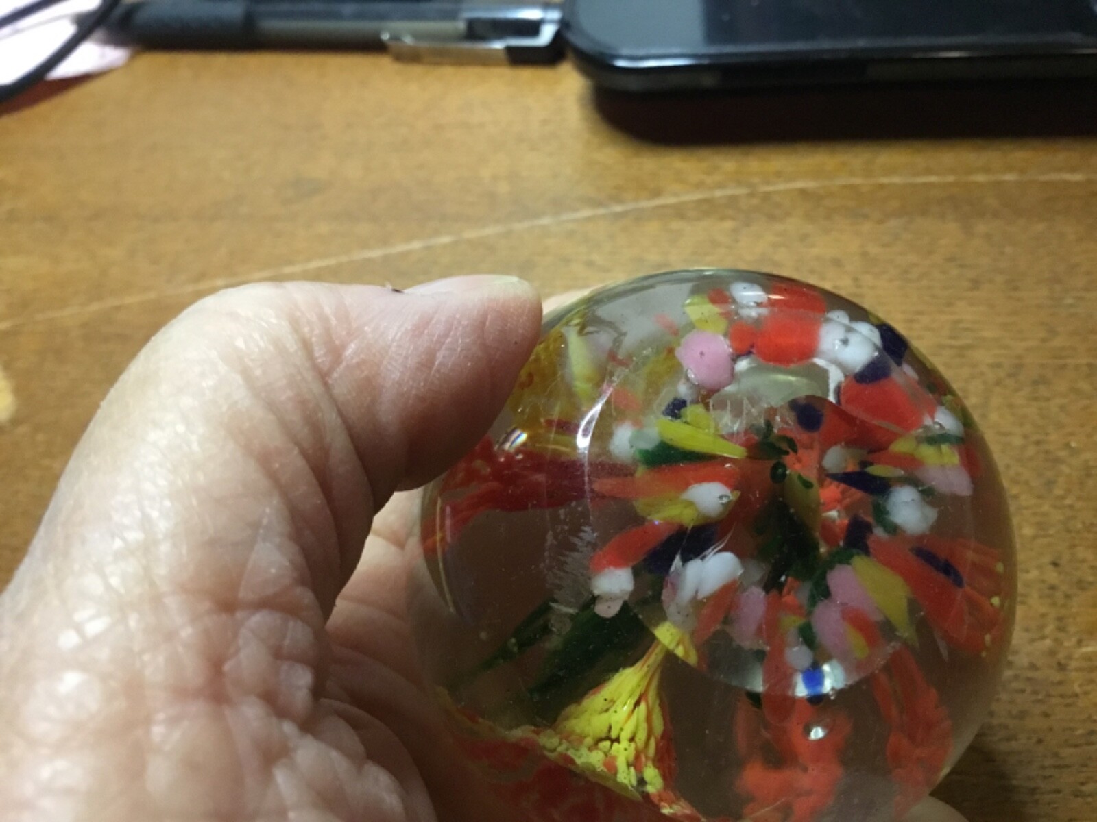 Vintage Art Glass Round Paperweight Orange and Yellow, 2”