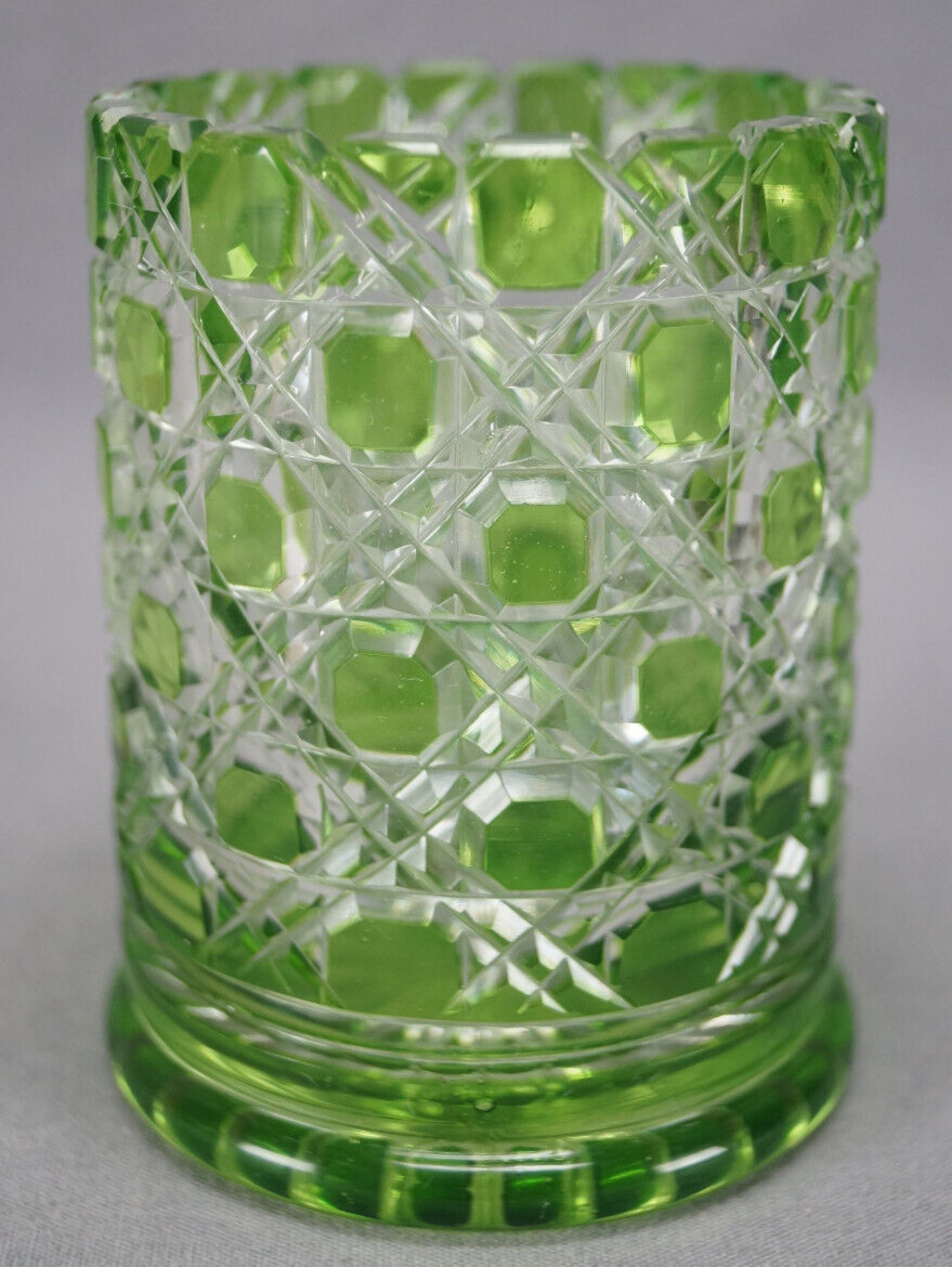 19th Century Continental Green Cut to Clear Cane Pattern Crystal Spill Vase