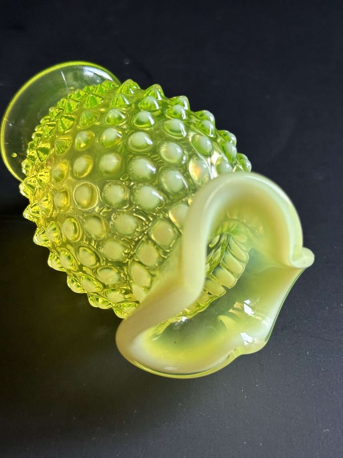 Fenton Vaseline Hobnail Topaz Opalescent Glass Flower Bud Vase 1940s Vtg #3855