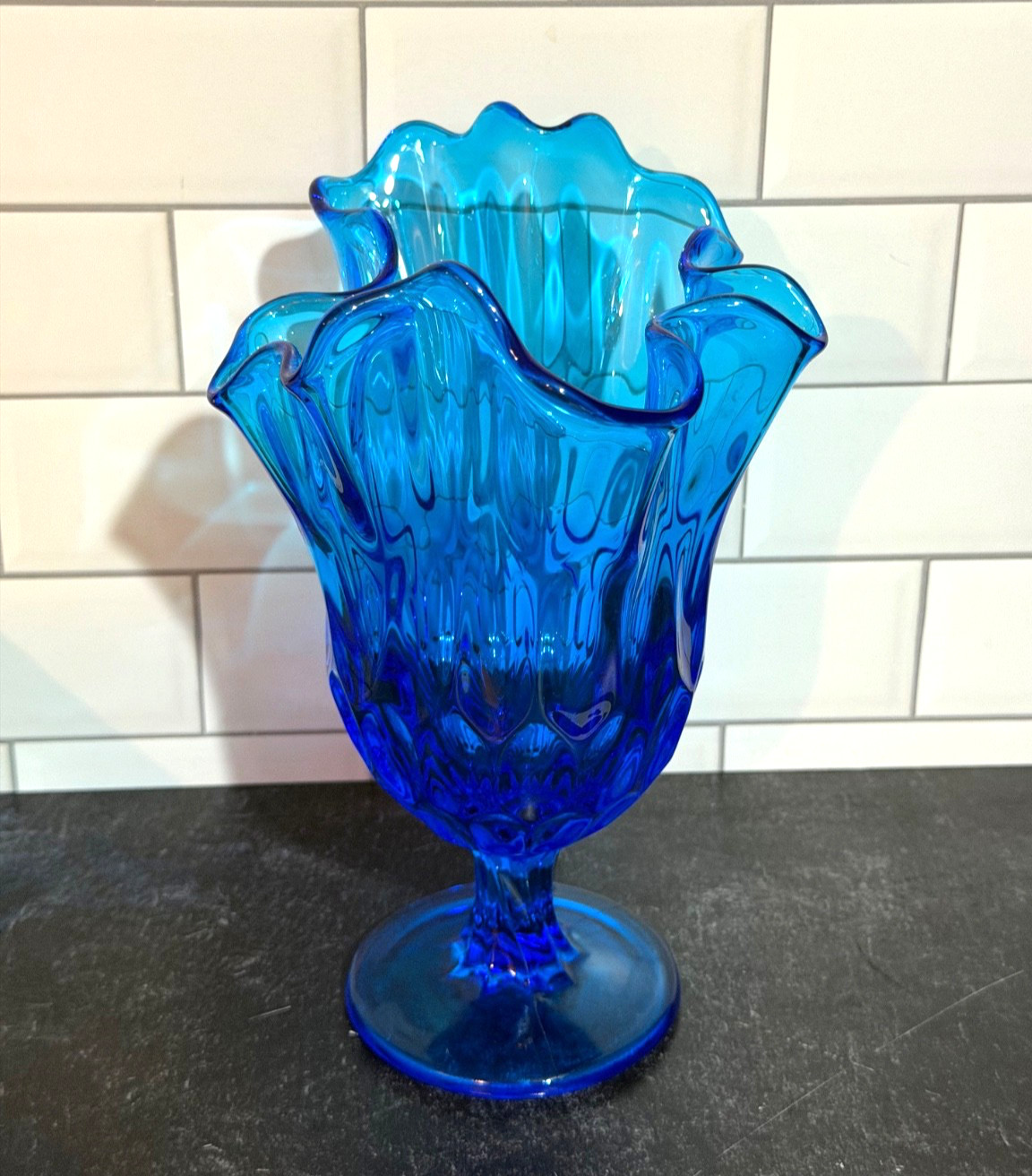 Vtg 8 1/2”H Fenton Swung Vase Colonial Blue Sapphire Hanker chief Thumbprint