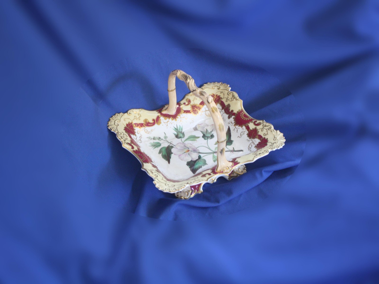 Antique Georgian Era English Porcelain Botanical Basket Rococo Revival, ca 1835