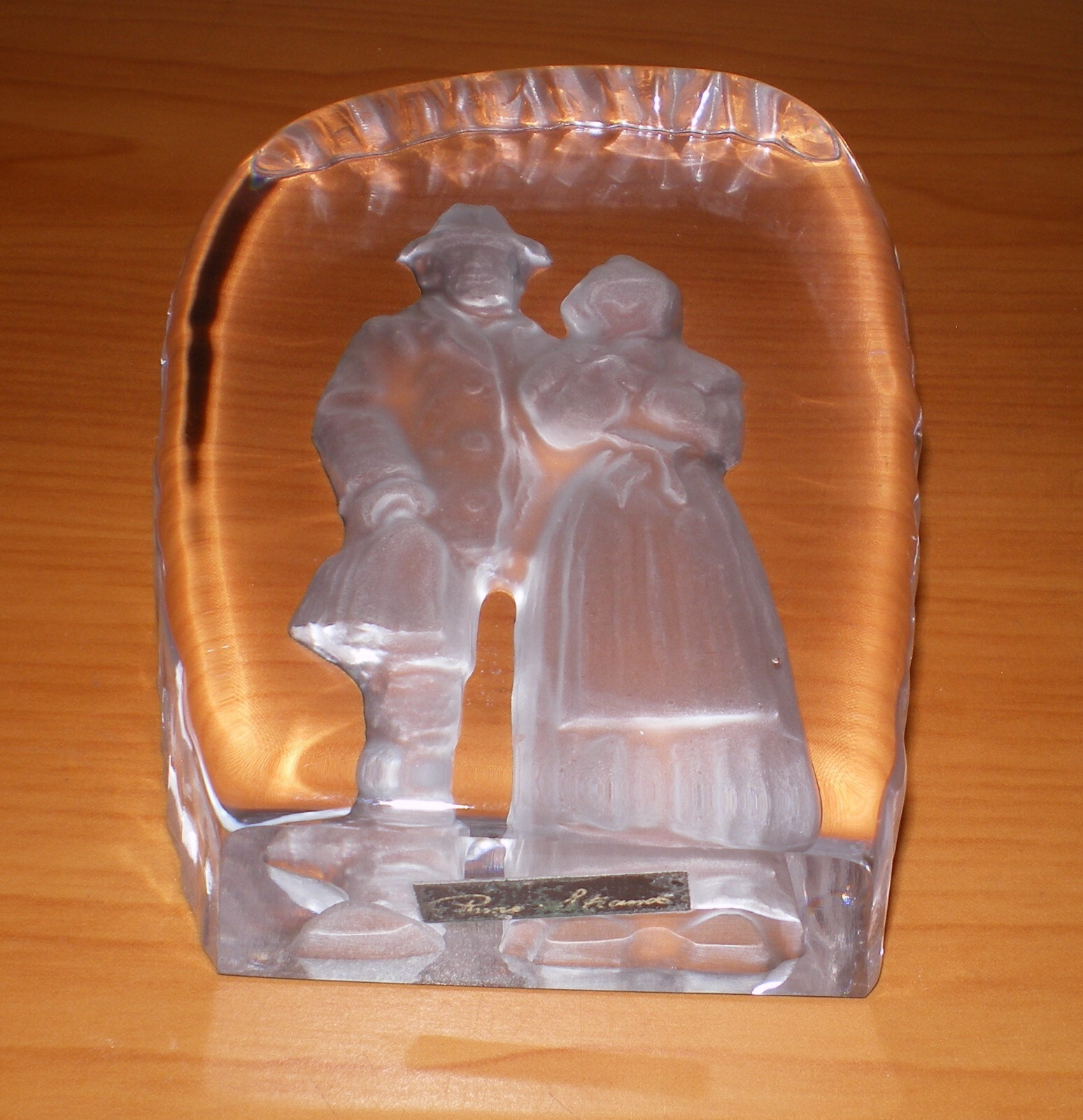Vintage Swedish Hovmantorp RUNE STRAND Carved Couple Glass Crystal Paperweight