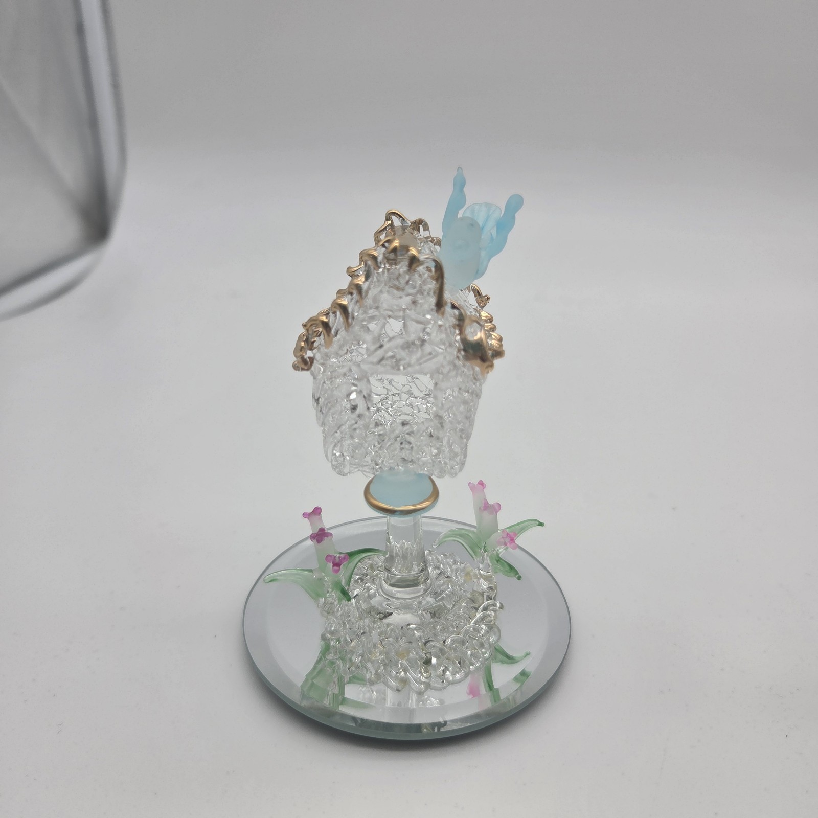 Lot Of 3 Frosted Butterfly Orchids Birds Swing Glass Spun Blown on Mirror Base