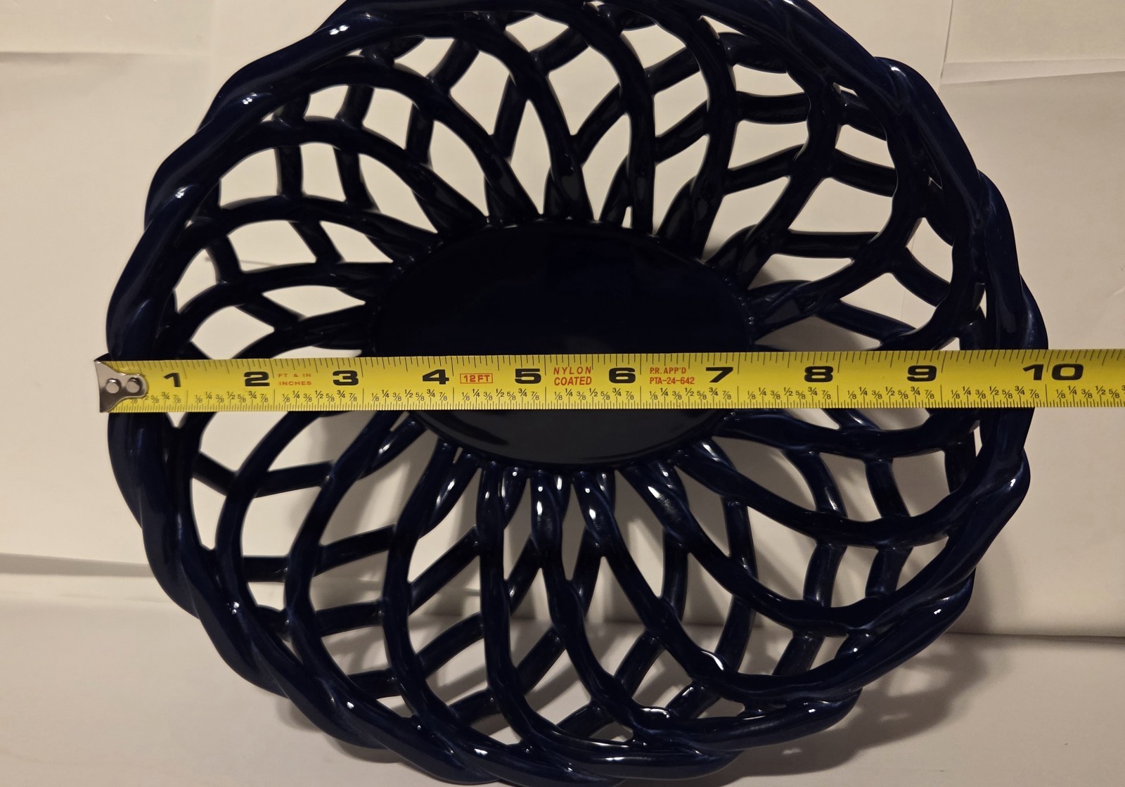 Cobalt Blue Ceramic Fruit Basket Bowl Woven Lattice Design Table Decor 10″ Oval