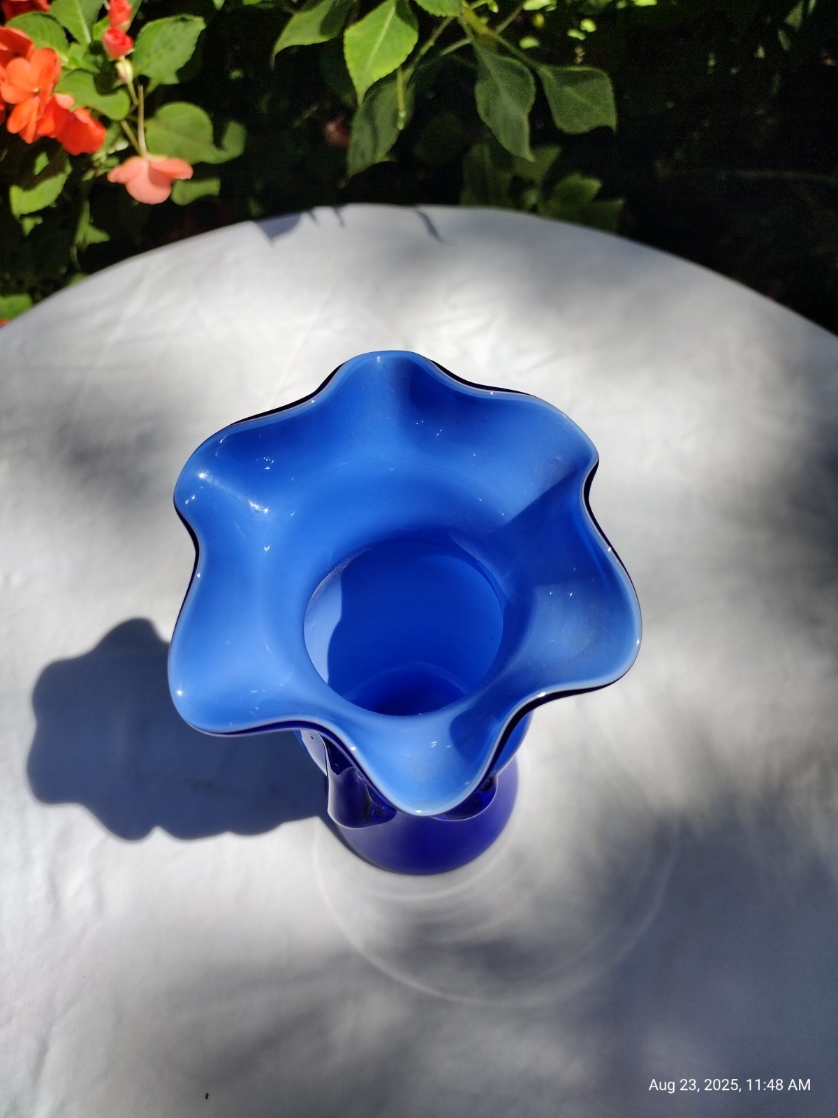 Cased Glass Vase Cobalt Hand Blown With Applied Bow 8.25″ Glows