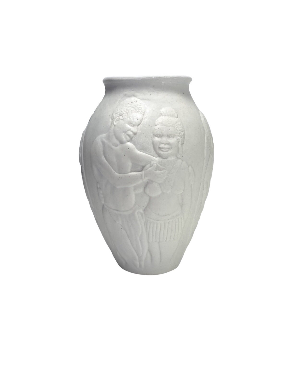 Douglas Lentsa White Embossed Multi-Scene Studio Pottery Vessel, South Africa 6”