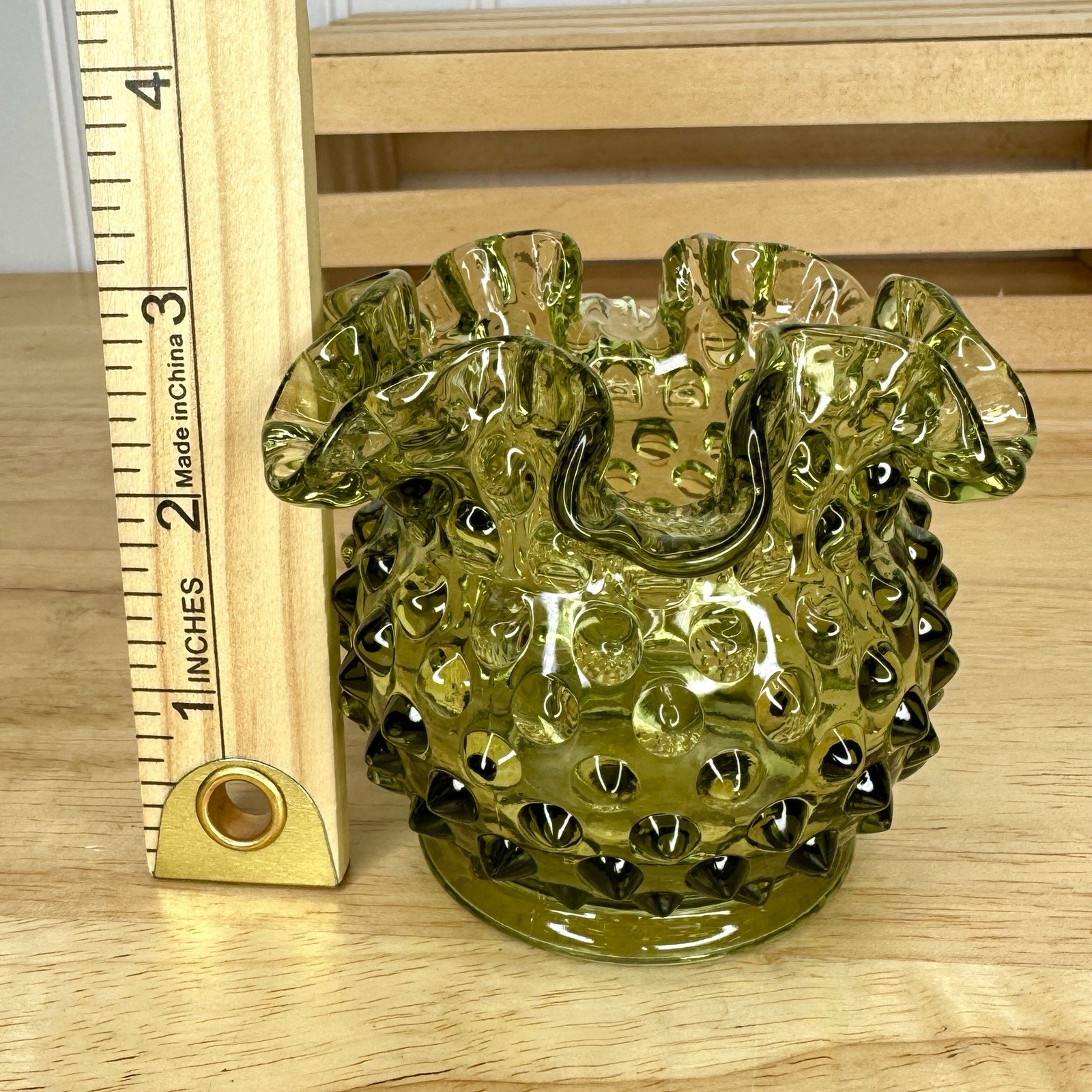 Fenton Hobnail Ruffled Glass Vase Colonial Green Rose Bud Bowl 3 ” Tall Vintage