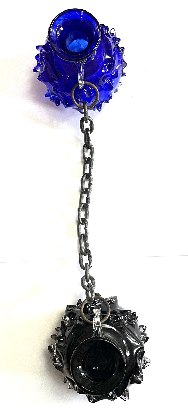 Spiked Blown Glass Double Vase Chain Cobalt Blue Black SIGNED Blown Unique *READ