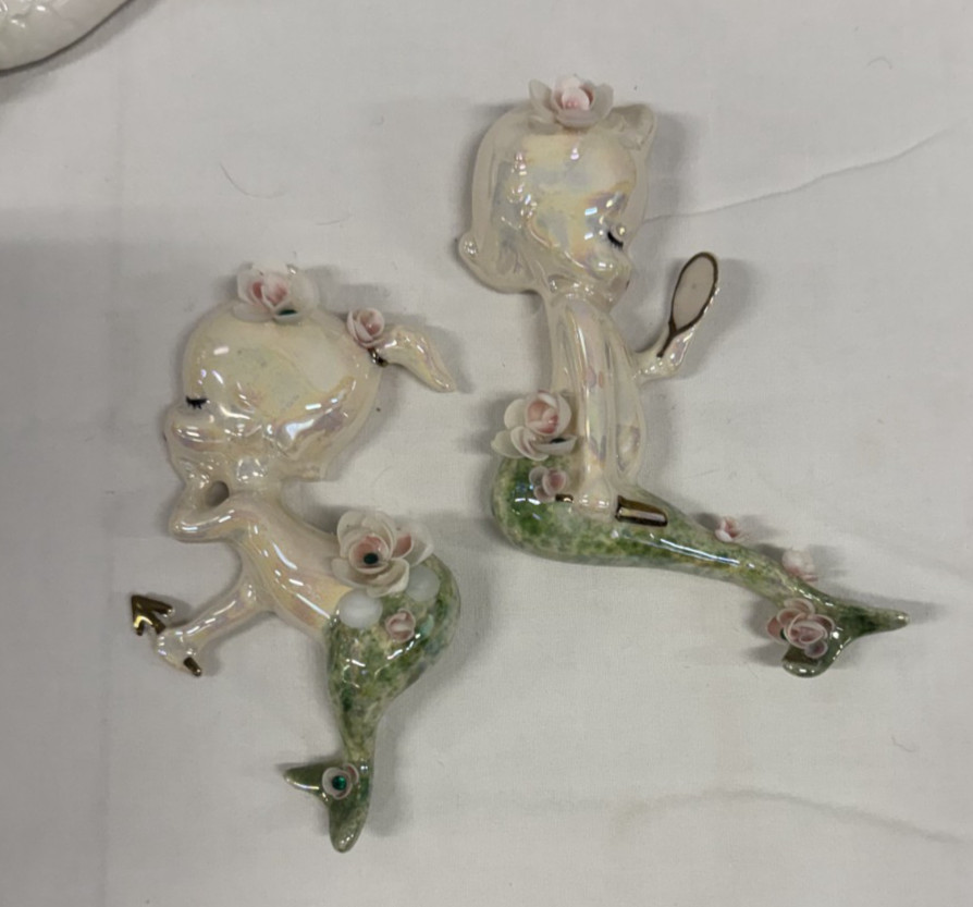 Vintage Set of 2 Whimsical Mermaids with Shell Accents Holding a Mirror & Arrow