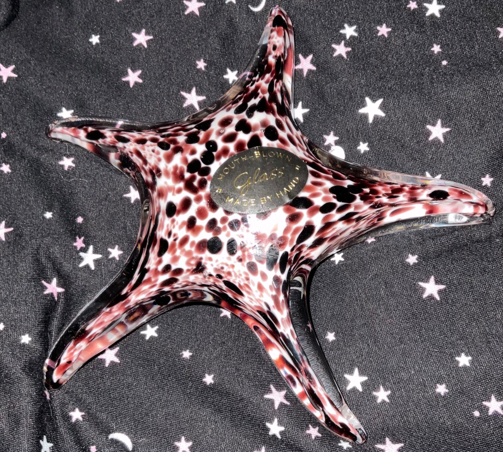 Handcrafted Hand Mouth Blown Glass Black & Multi STARFISH Table Decor 6” – New