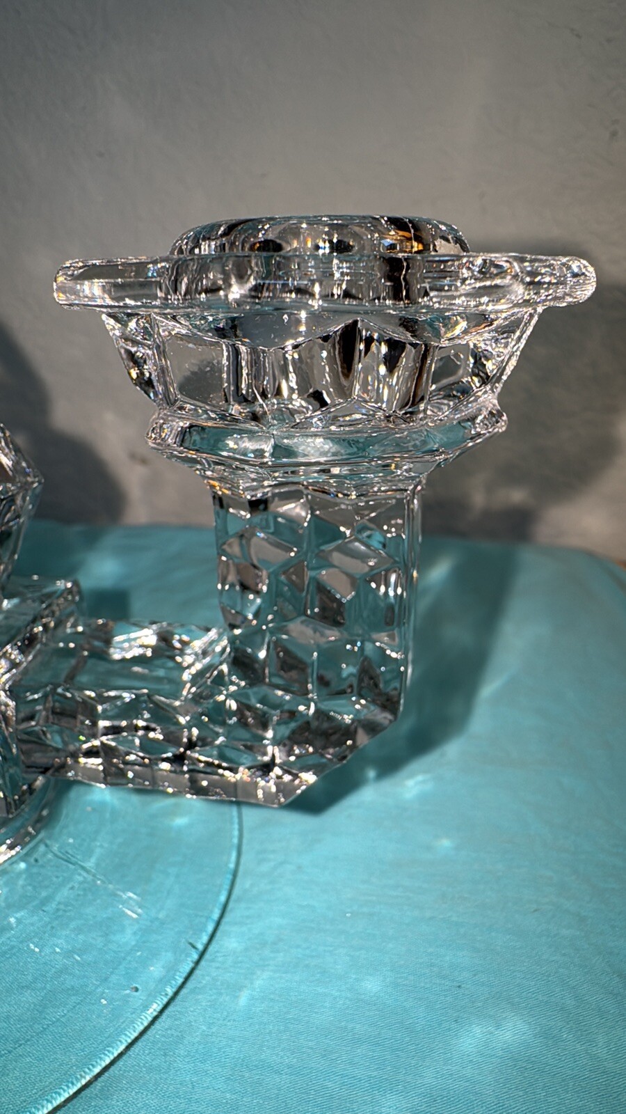 Vintage Fostoria American Cubist Clear Glass Double Candle Holder 8.5” x 4.5” T