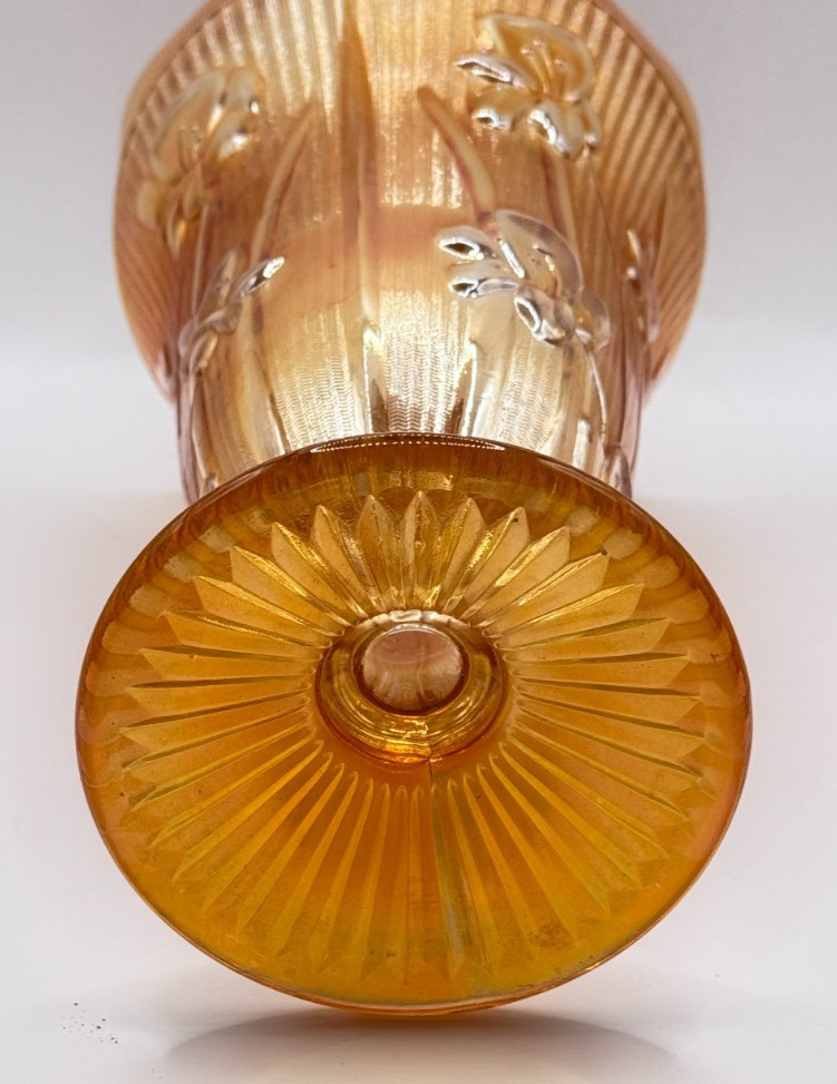 Vintage Jeannette Glass Carnival Marigold Iris Flower Vase 9″