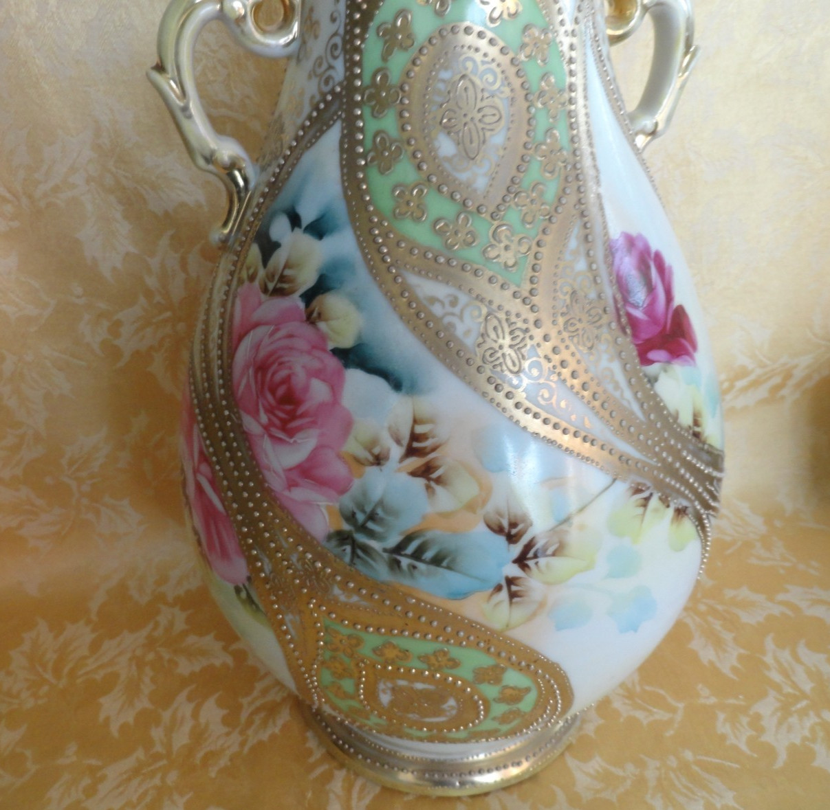 Large Antique Nippon Moriage Hand Painted Handled Vase Rose W/ Gold Gilt 12.5 H