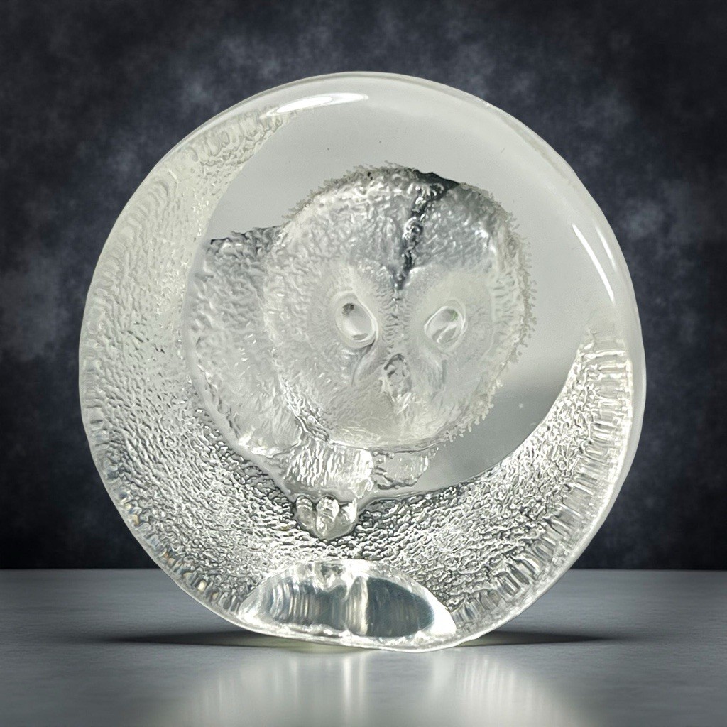 Mats Jonasson Crystal Baby Owl Glass Paperweight Sweden Signed #9207