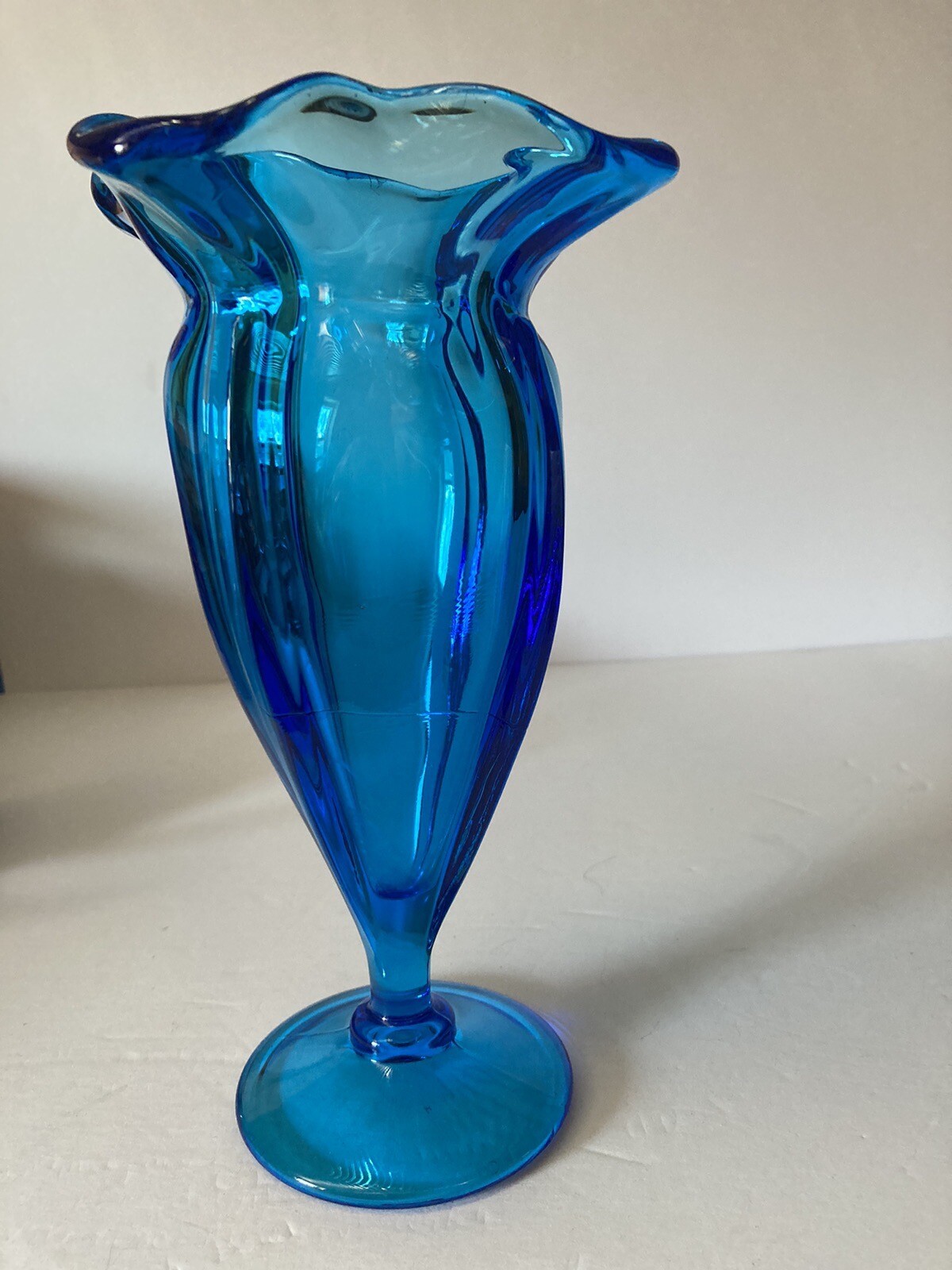 Vintage Optic Rib Blue Blown Glass Vase Four Edge Turnip Ruffled Edge 9 Inches
