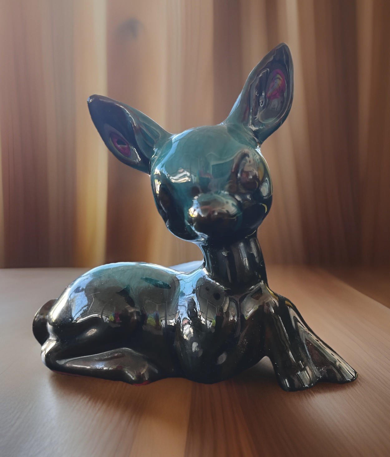 VINTAGE BLUE MOUNTAIN POTTERY Teal Drip GLAZED FAWN DEER FIGURINE MCM Canada