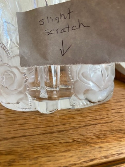 VINTAGE VASE OVAL GLASS CRYSTAL FROSTED EMBOSSED ROSES 5.5″ Tall, 1 Lb 8 oz