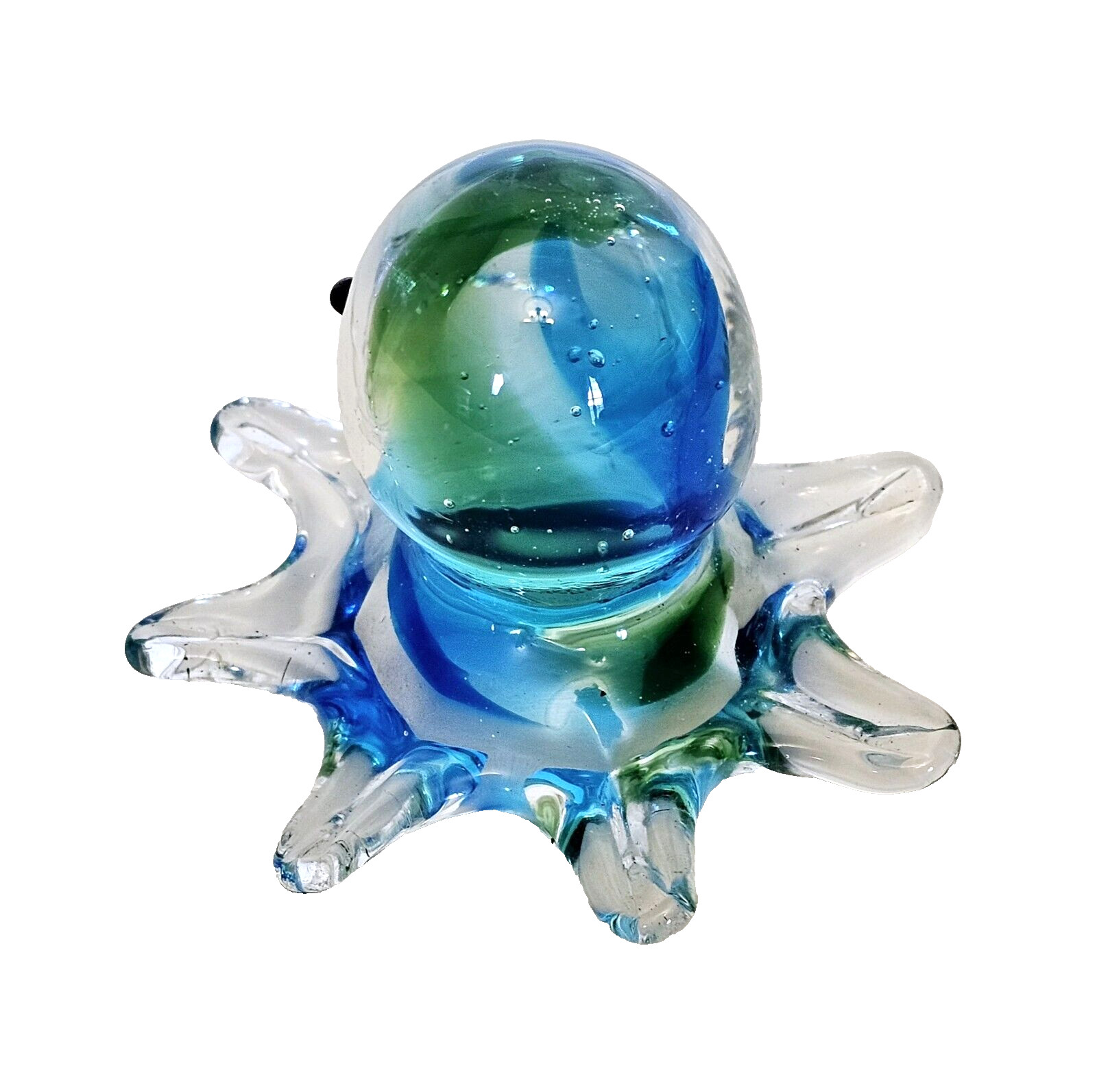 Art Glass Octopus Figurine Paperweight Handmade Turquoise Blue Green 2” X 3”