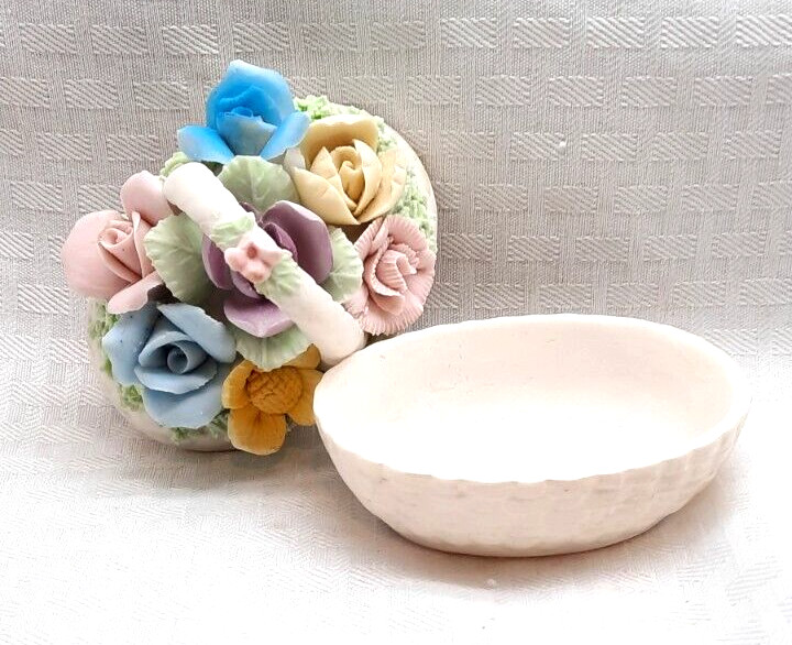 Three Vtg. Small Porcelain Baskets /Trinket Box -Japan – Signed Pastel Floral
