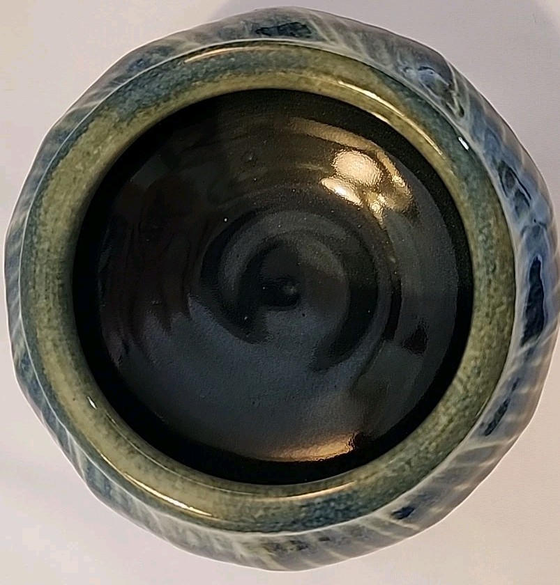 Handmade Ribbed Art Pottery Vase Signed Blue Green Turquoise Cocke Pottery 4.5”