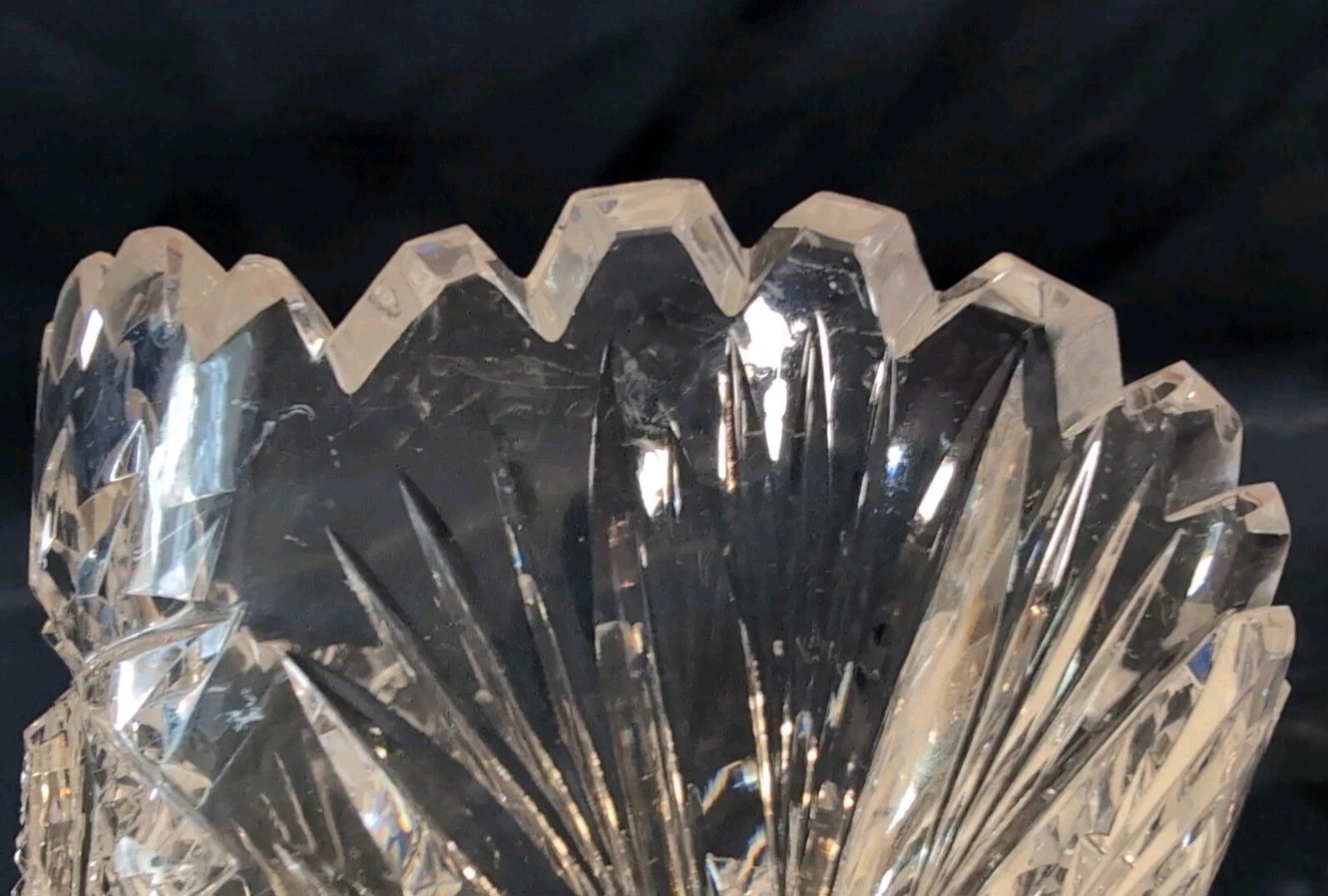 Vintage Cut Crystal Glass Vase Sawtooth Rim Wide Opening Star Sunburst Brilliant