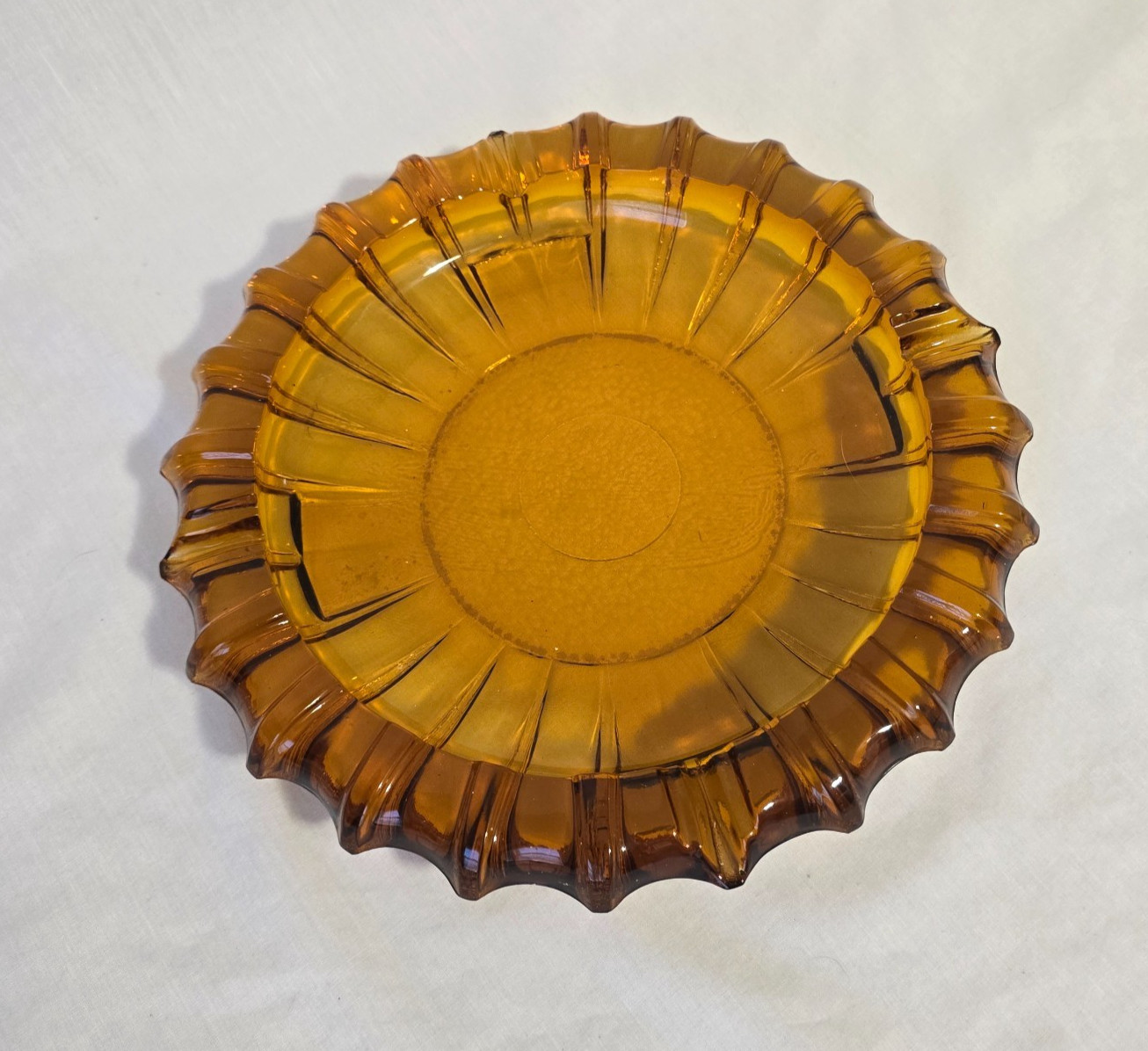 Vintage Amber Yellow Sunburst Ribbed Ashtray Heavy Large Glass 10” Candy Dish