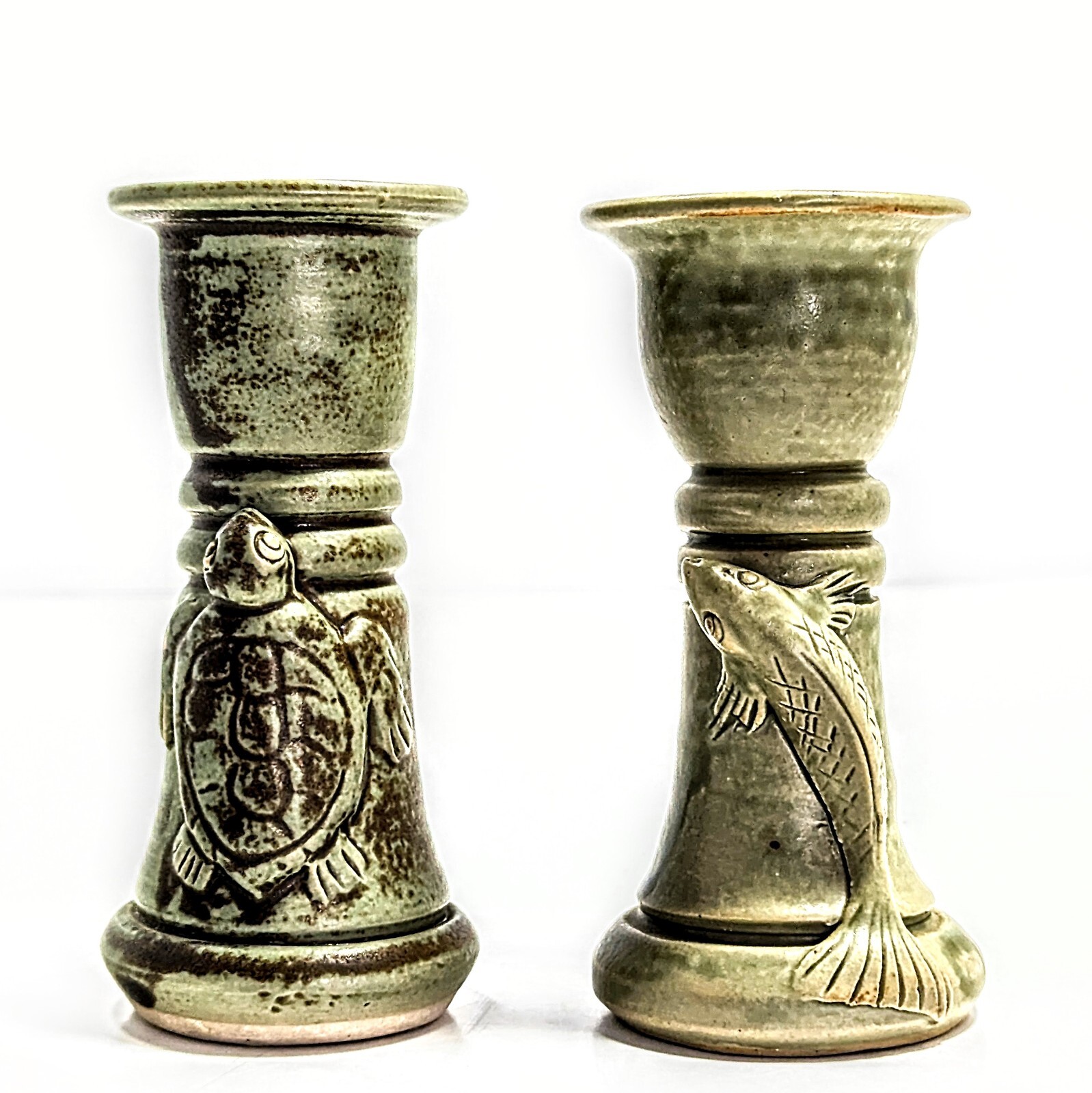 Artisan Hand Thrown Pottery Turtle Fish Taper Candlesticks Bahali 5″