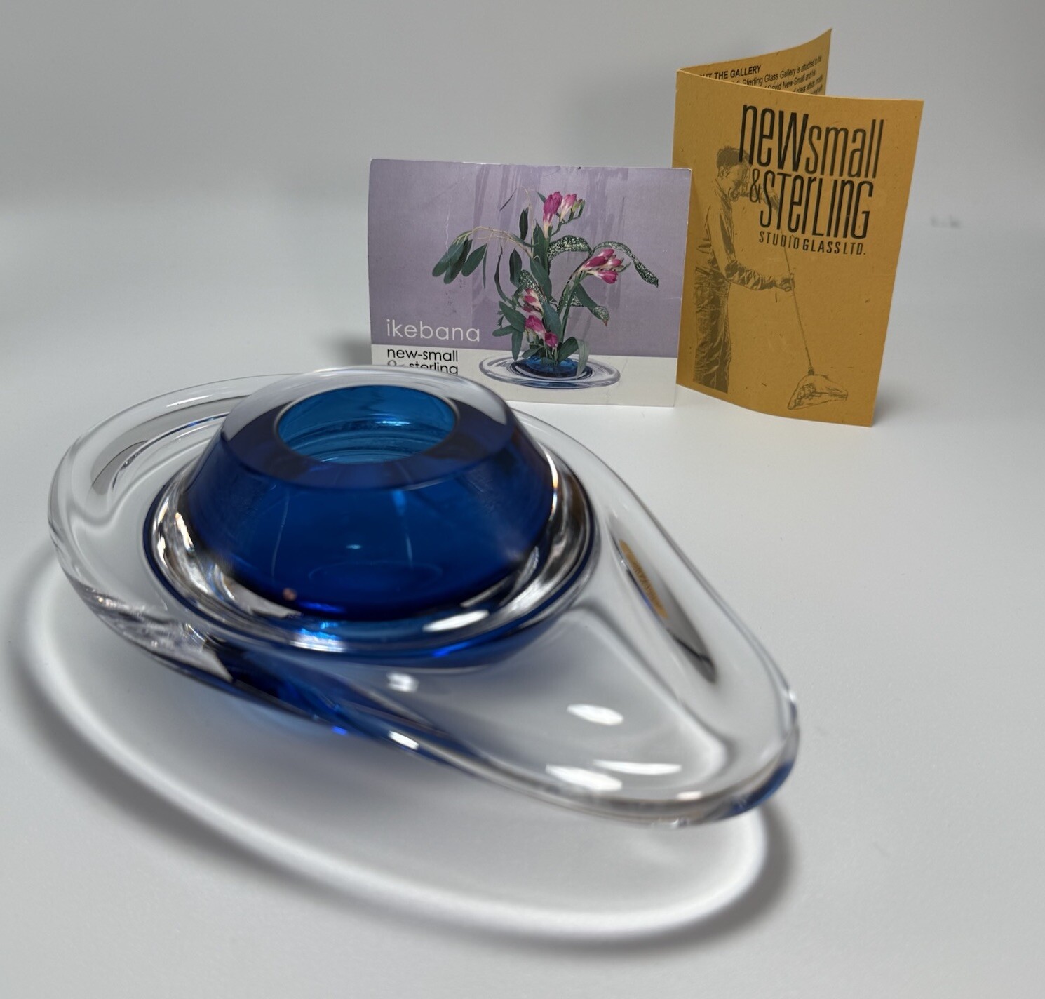 Ikebana Vessel David New-Small & Sterling Blue & Clear Art Glass Vase Signed