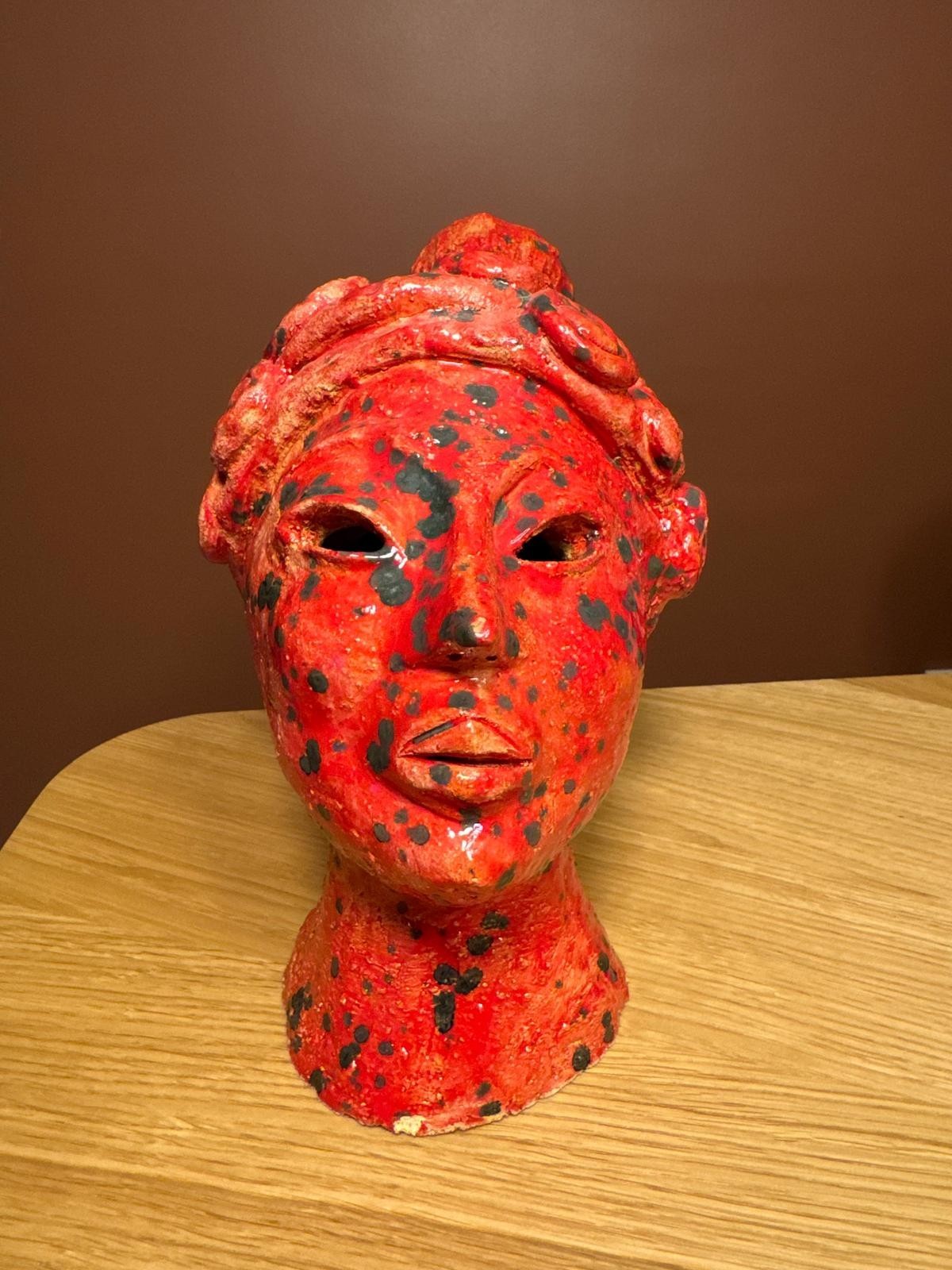 Handmade Red Spotted Ceramic Face Vase Surrealist Bust Sculpture Flower Crown