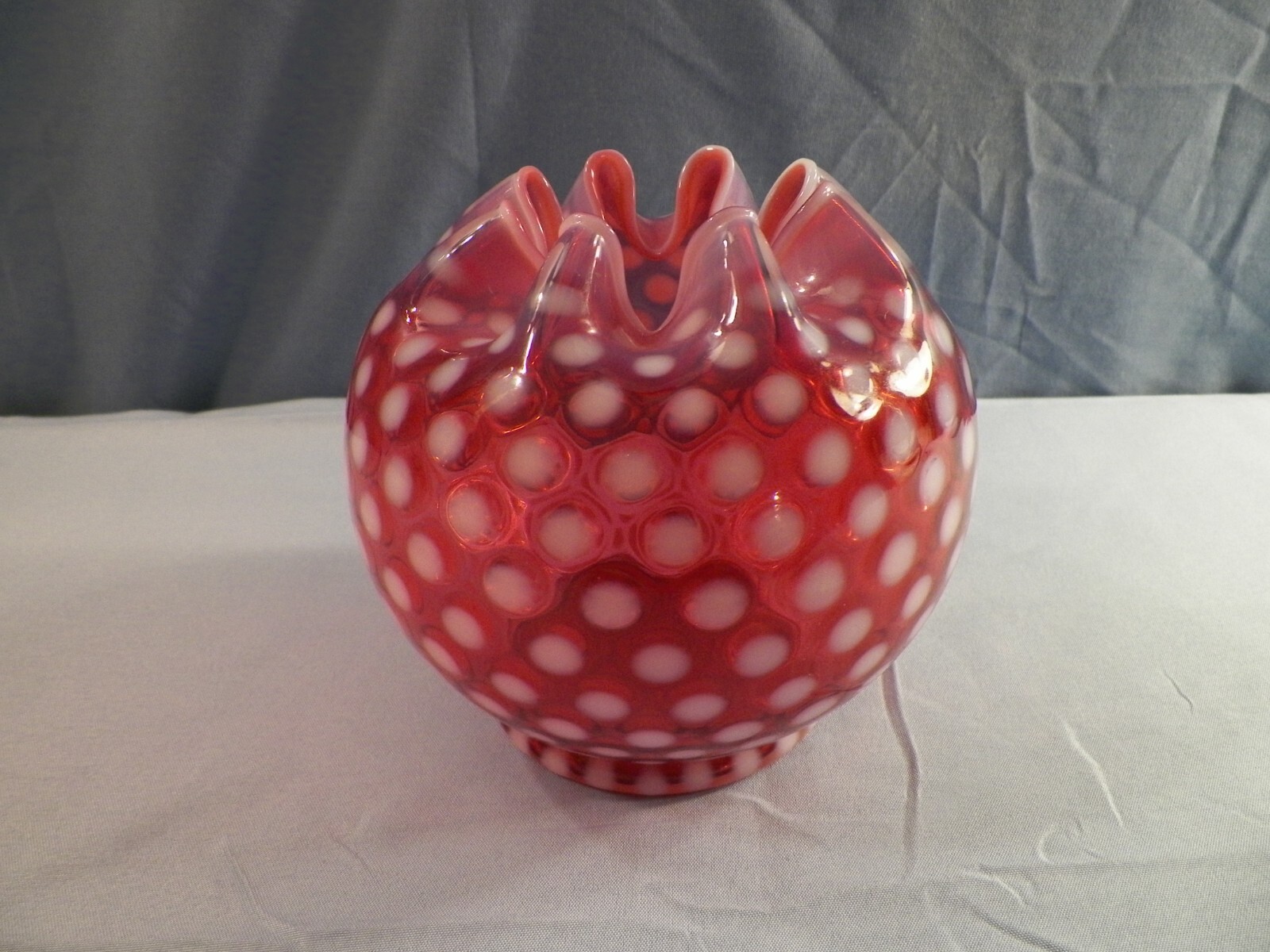 Vintage Fenton Cranberry Opalescent Glass POLKA DOT Large Rose Bowl Vase