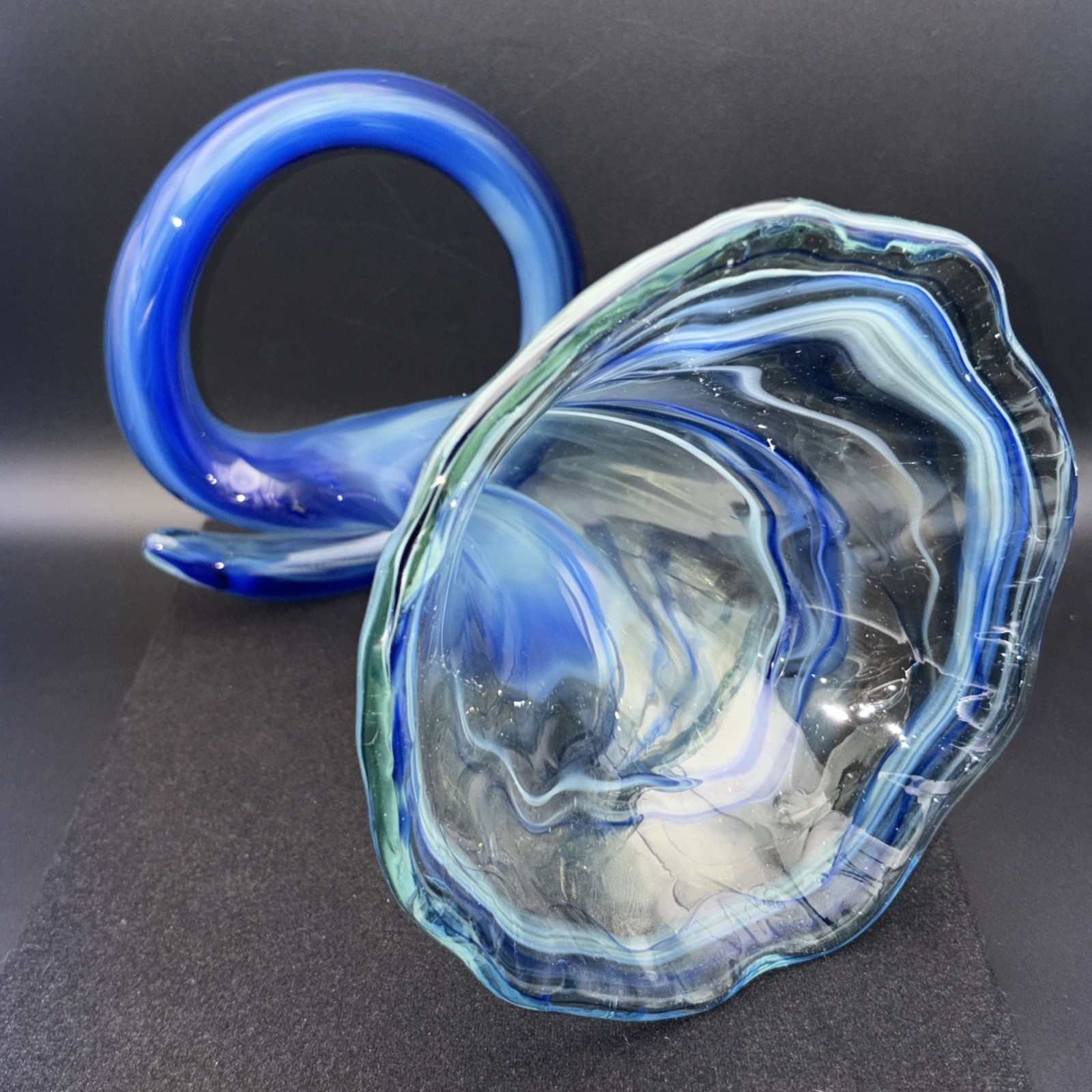 Vintage MCM Blue Swirl Art Glass Trumpet Vase 8″ Coiled Base Sooner Murano Style